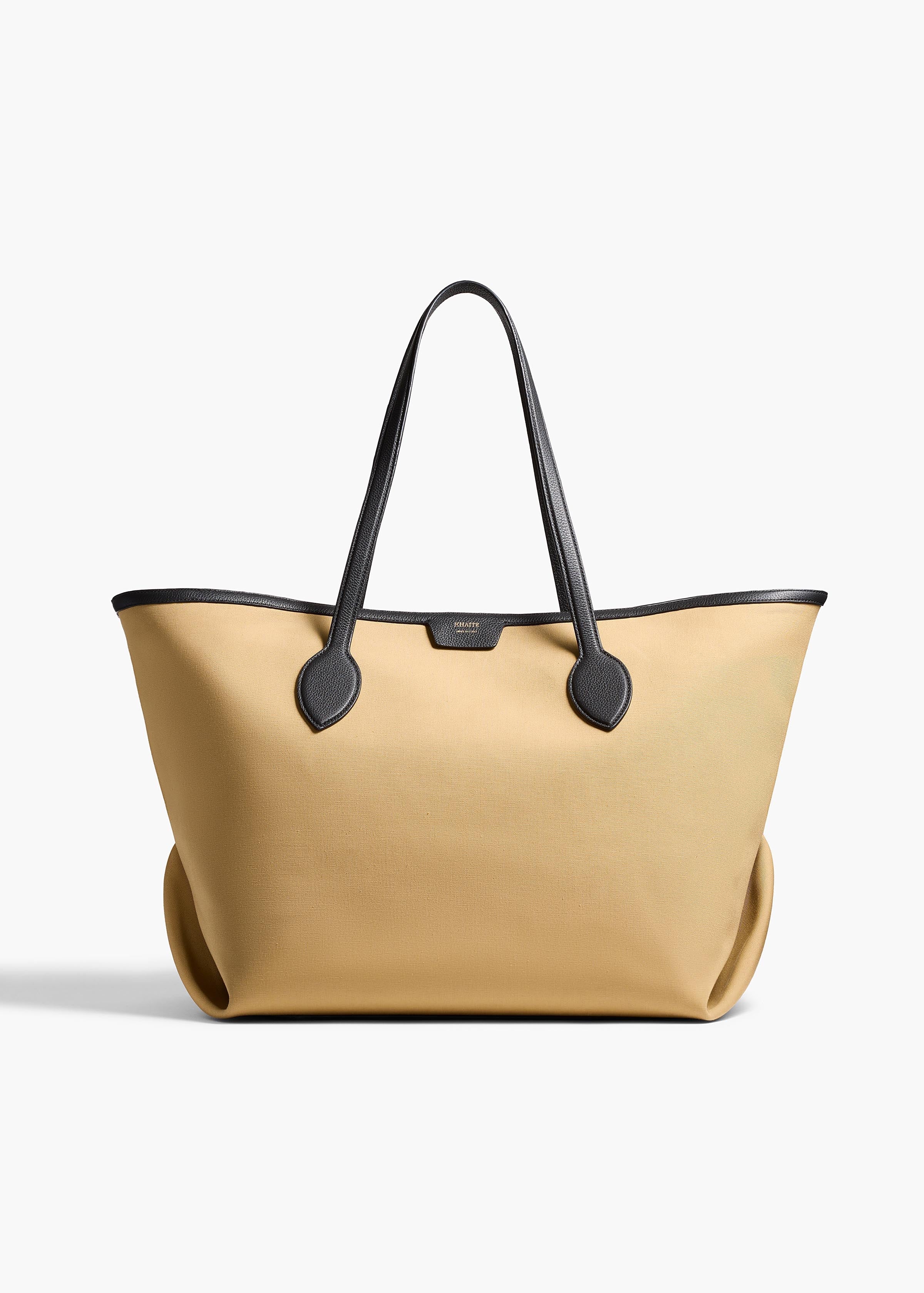 Khaite - Amalia Tote in Honey Canvas with Black Leather