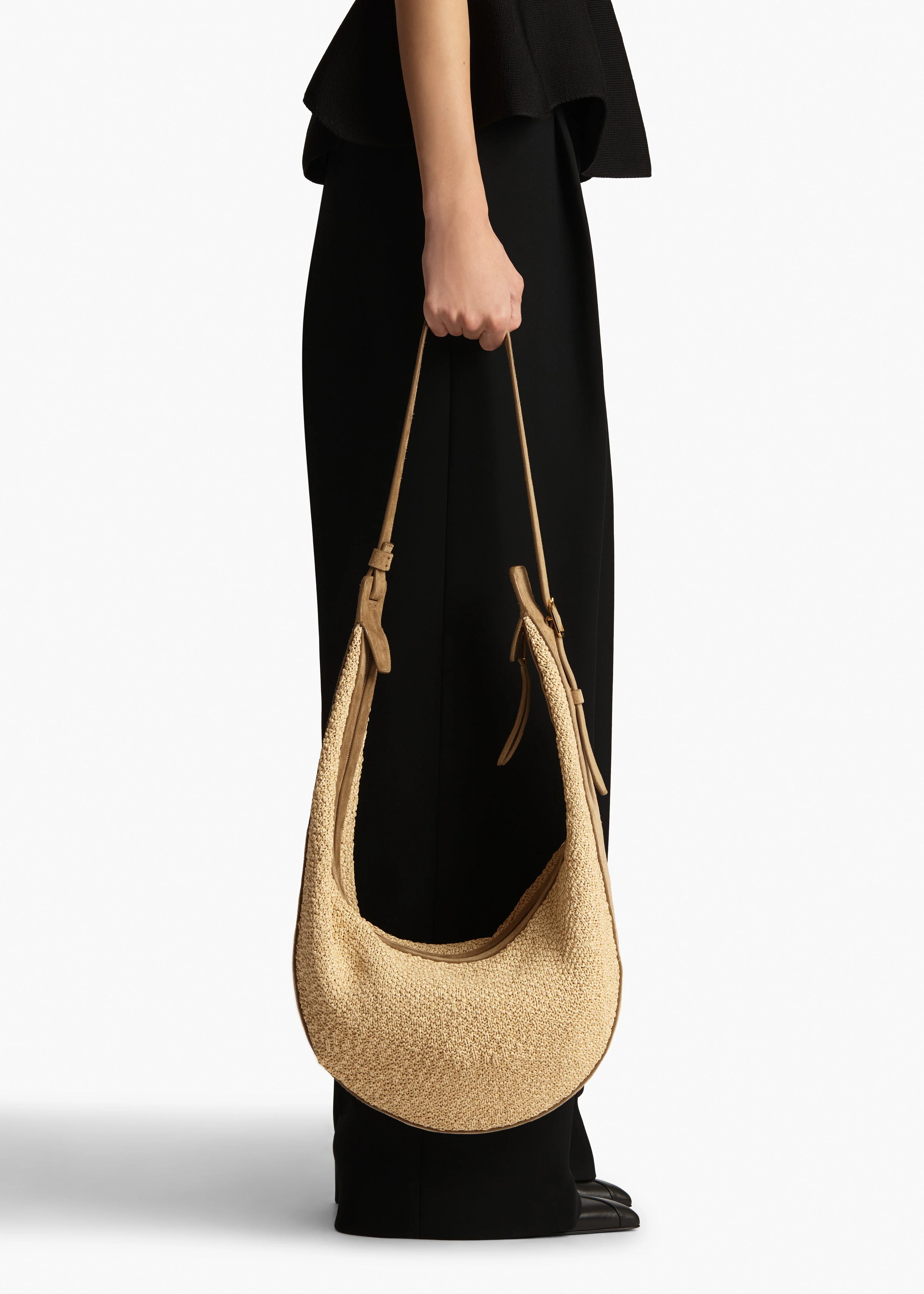 Khaite - Augustina Hobo in Wheat Suede and Natural Raffia - Image 13