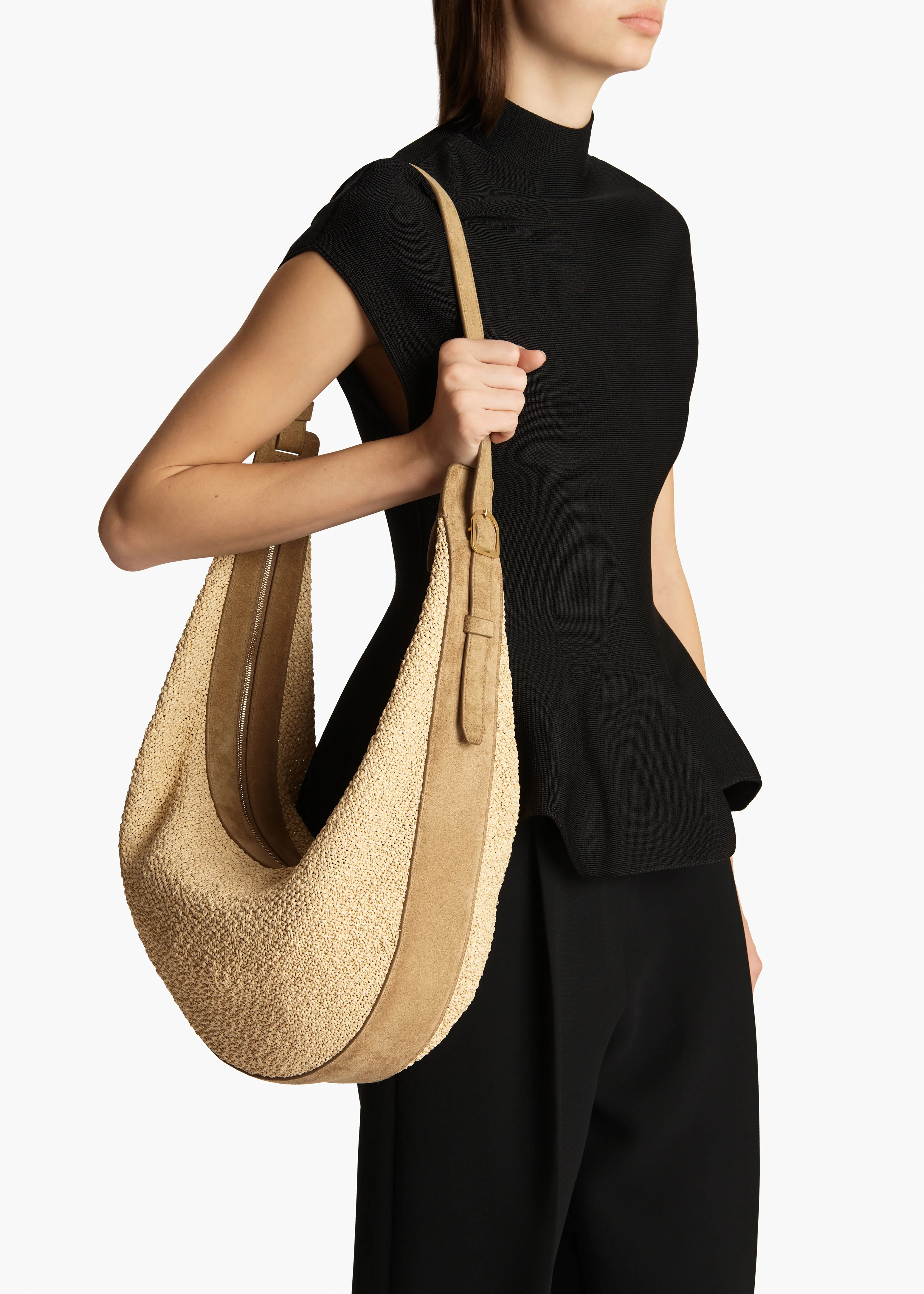 Khaite - Augustina Hobo in Wheat Suede and Natural Raffia - Image 5