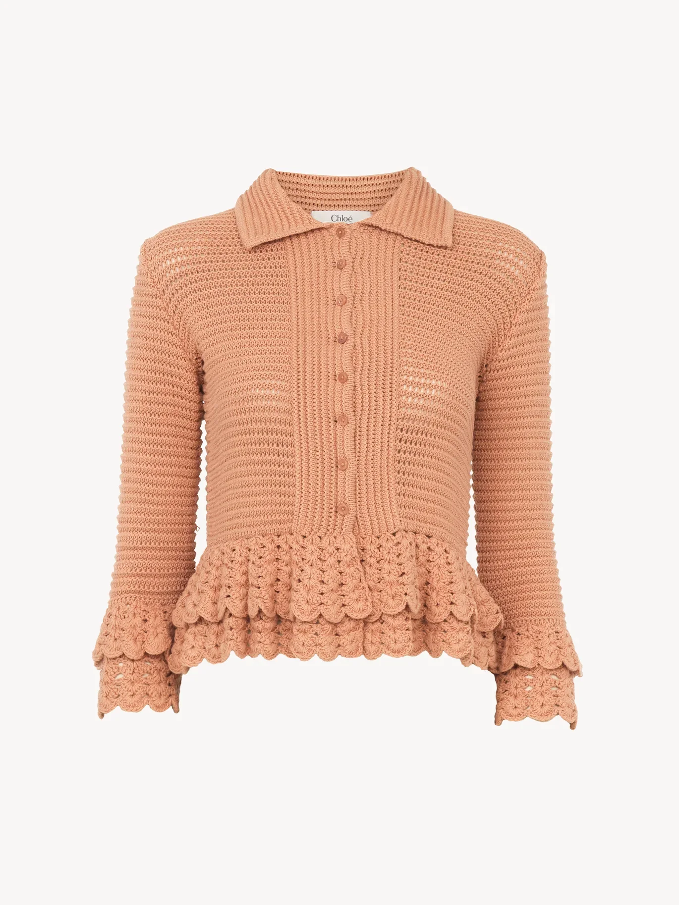 Chloé - Fitted Ruffled Cardigan In Crochet Knit in Cheek - Image 6
