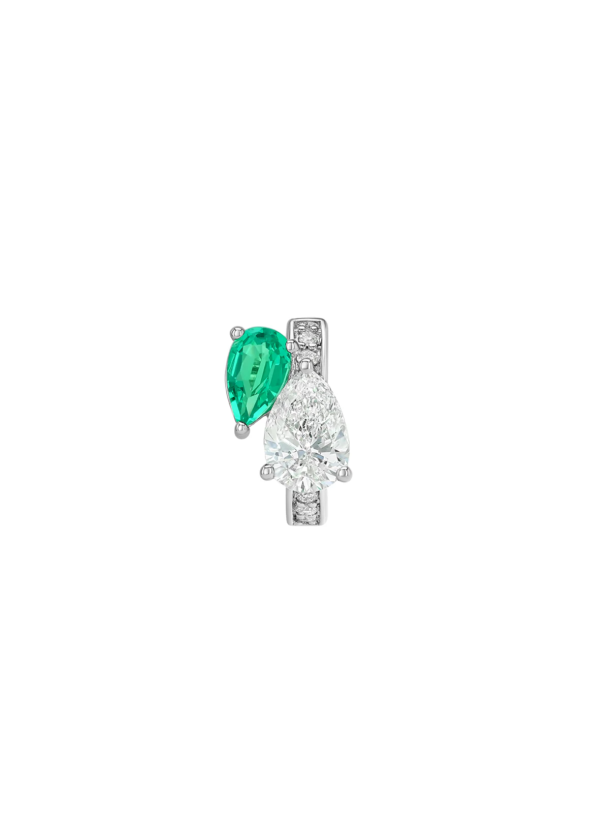 Dorsey - 14K DOUBLE PEAR - CUT HUGGIE EARRING IN LAB DIAMOND AND PETITE LAB EMERALD, 14K WHITE GOLD