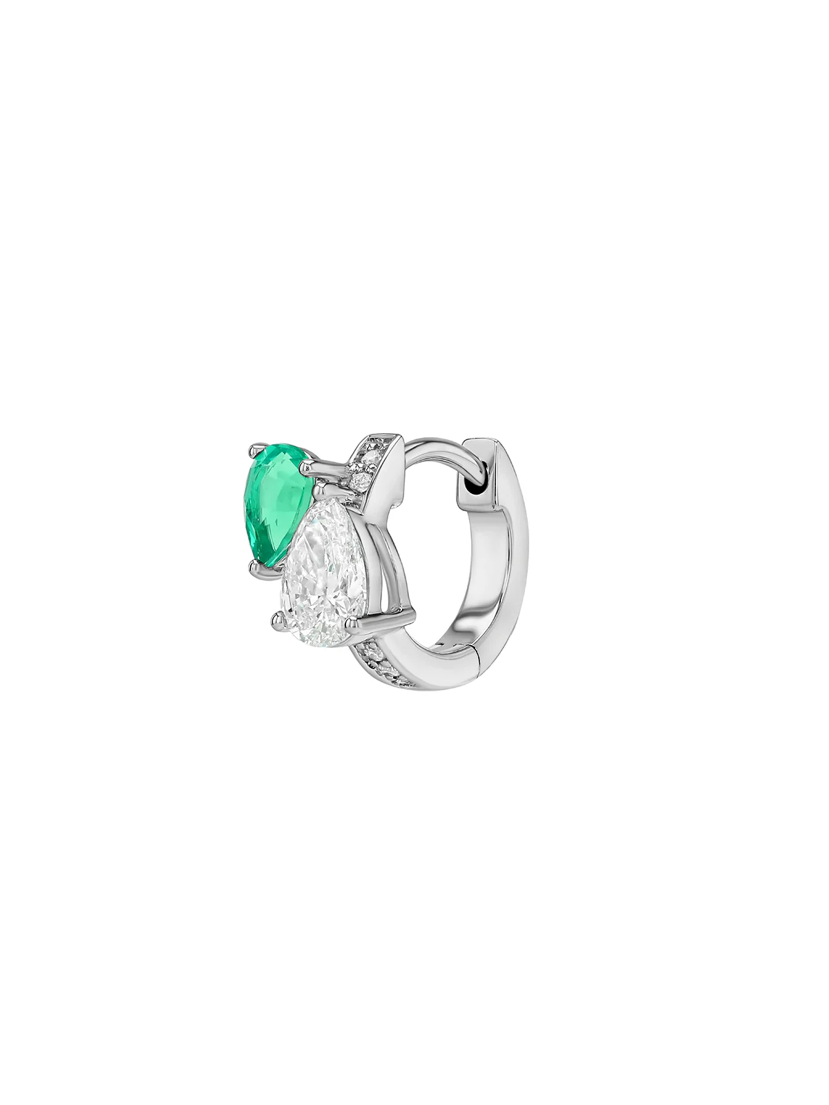 Dorsey - 14K DOUBLE PEAR - CUT HUGGIE EARRING IN LAB DIAMOND AND PETITE LAB EMERALD, 14K WHITE GOLD - Image 2