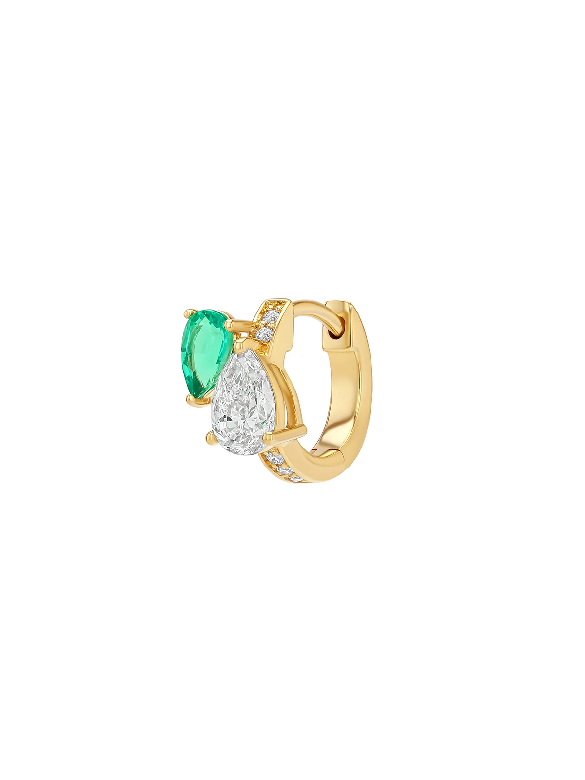 Dorsey - 14K DOUBLE PEAR - CUT HUGGIE EARRING IN LAB DIAMOND AND PETITE LAB EMERALD, 14K YELLOW GOLD - Image 2