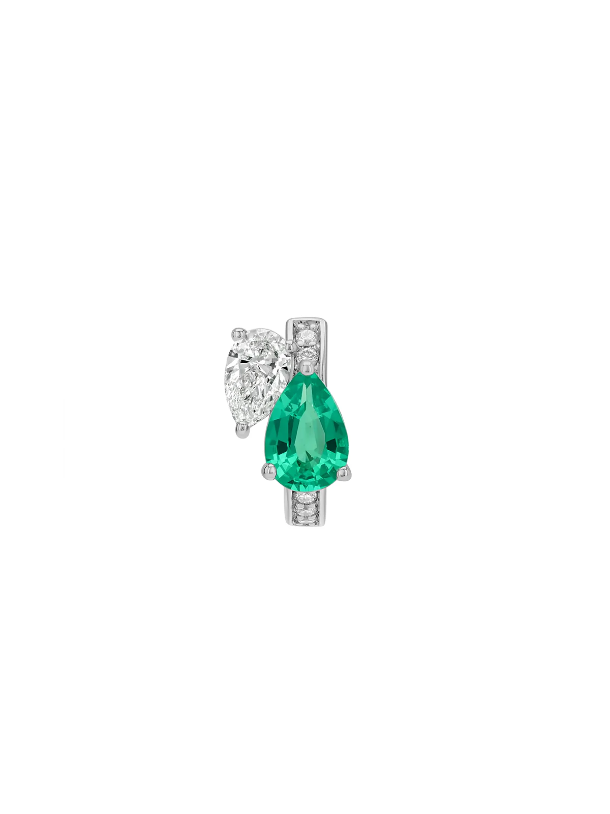 Dorsey - 14K DOUBLE PEAR - CUT HUGGIE EARRING IN LAB EMERALD AND PETITE LAB DIAMOND, 14K WHITE GOLD