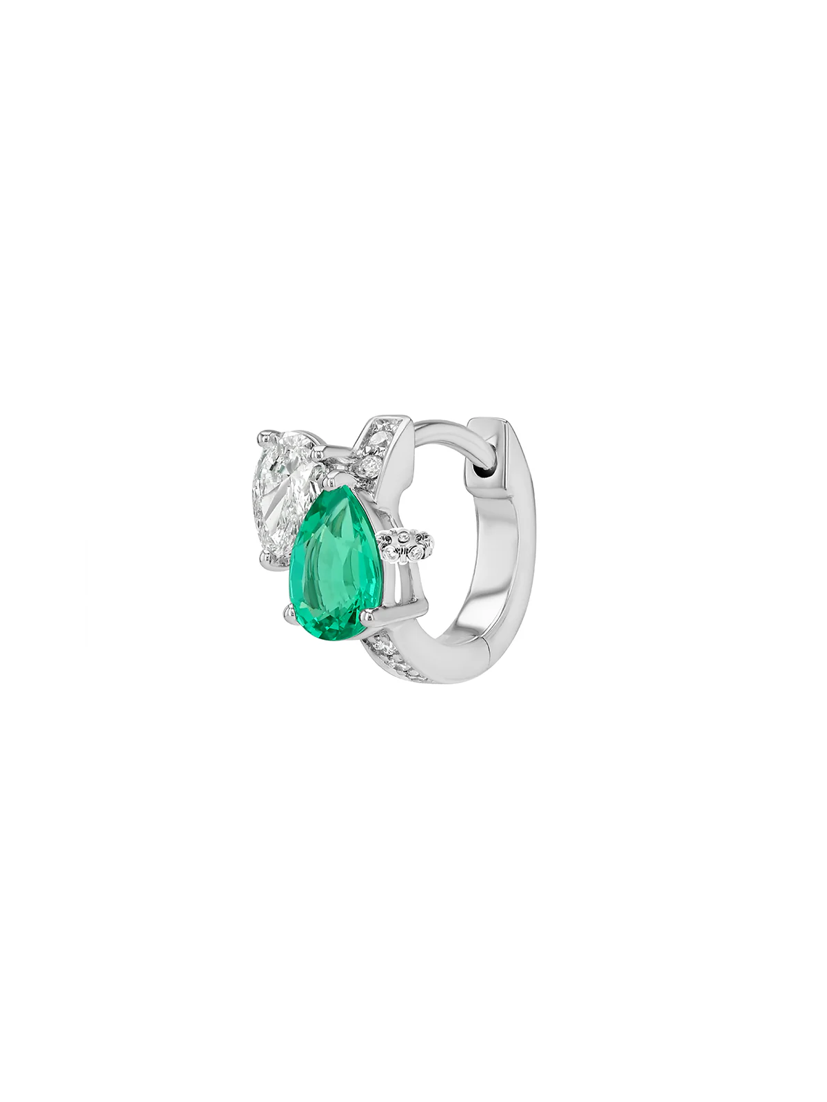Dorsey - 14K DOUBLE PEAR - CUT HUGGIE EARRING IN LAB EMERALD AND PETITE LAB DIAMOND, 14K WHITE GOLD - Image 2