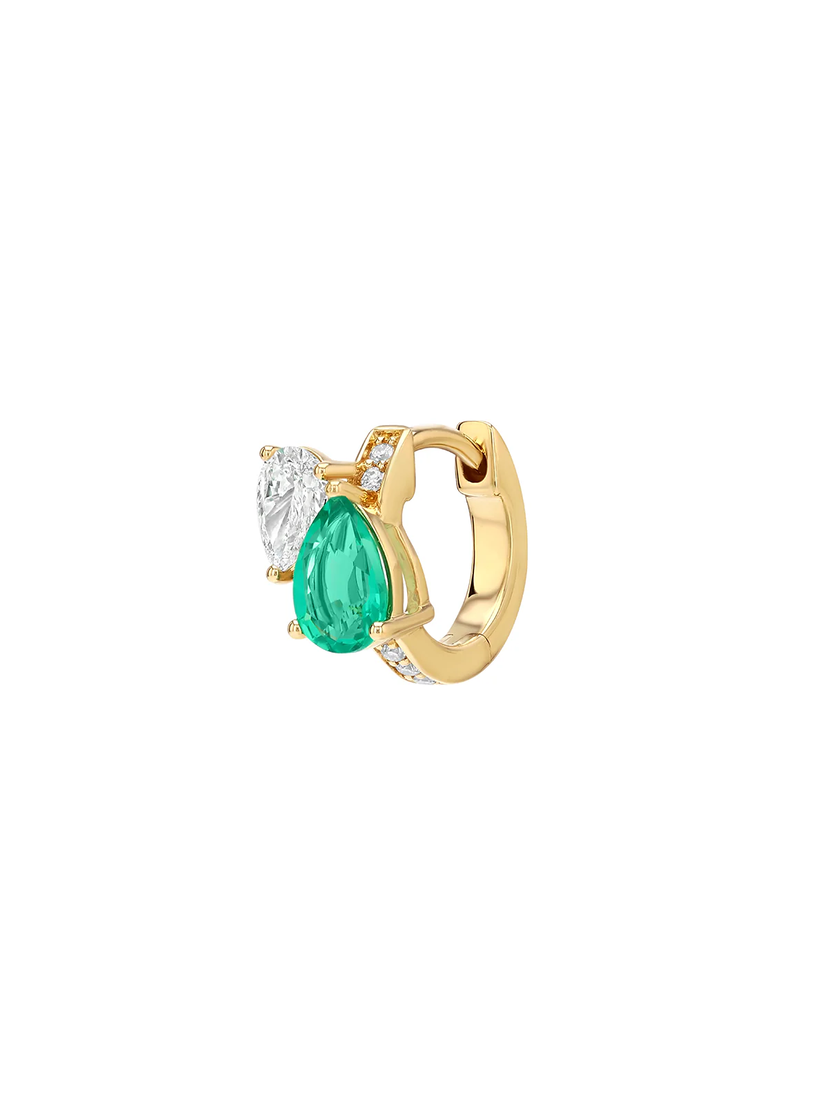 Dorsey - 14K DOUBLE PEAR - CUT HUGGIE EARRING IN LAB EMERALD AND PETITE LAB DIAMOND, 14K YELLOW GOLD - Image 2