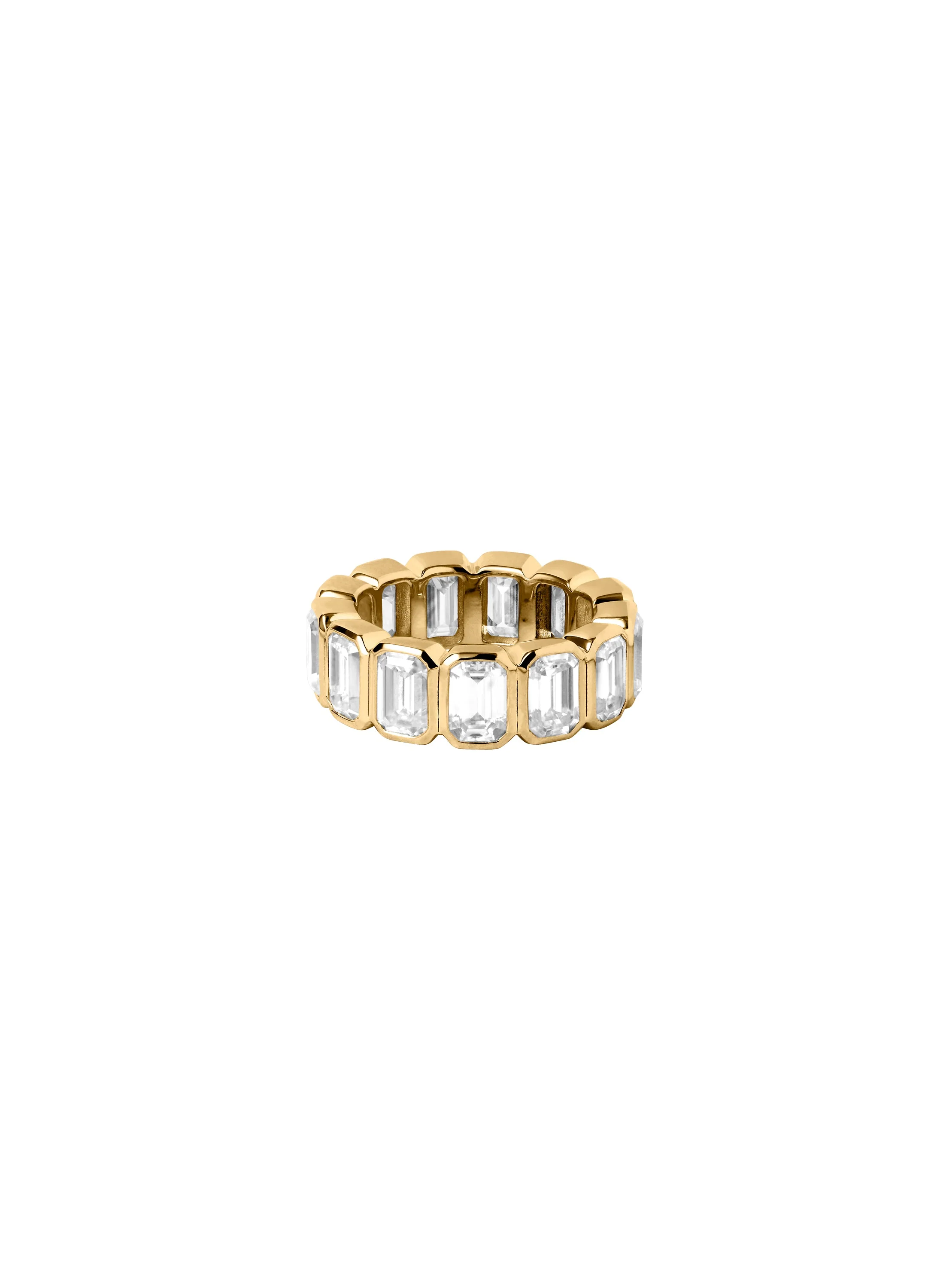 Dorsey - EMERALD - CUT BEZEL ETERNITY BAND IN MOISSANITE, 18K GOLD VERMEIL