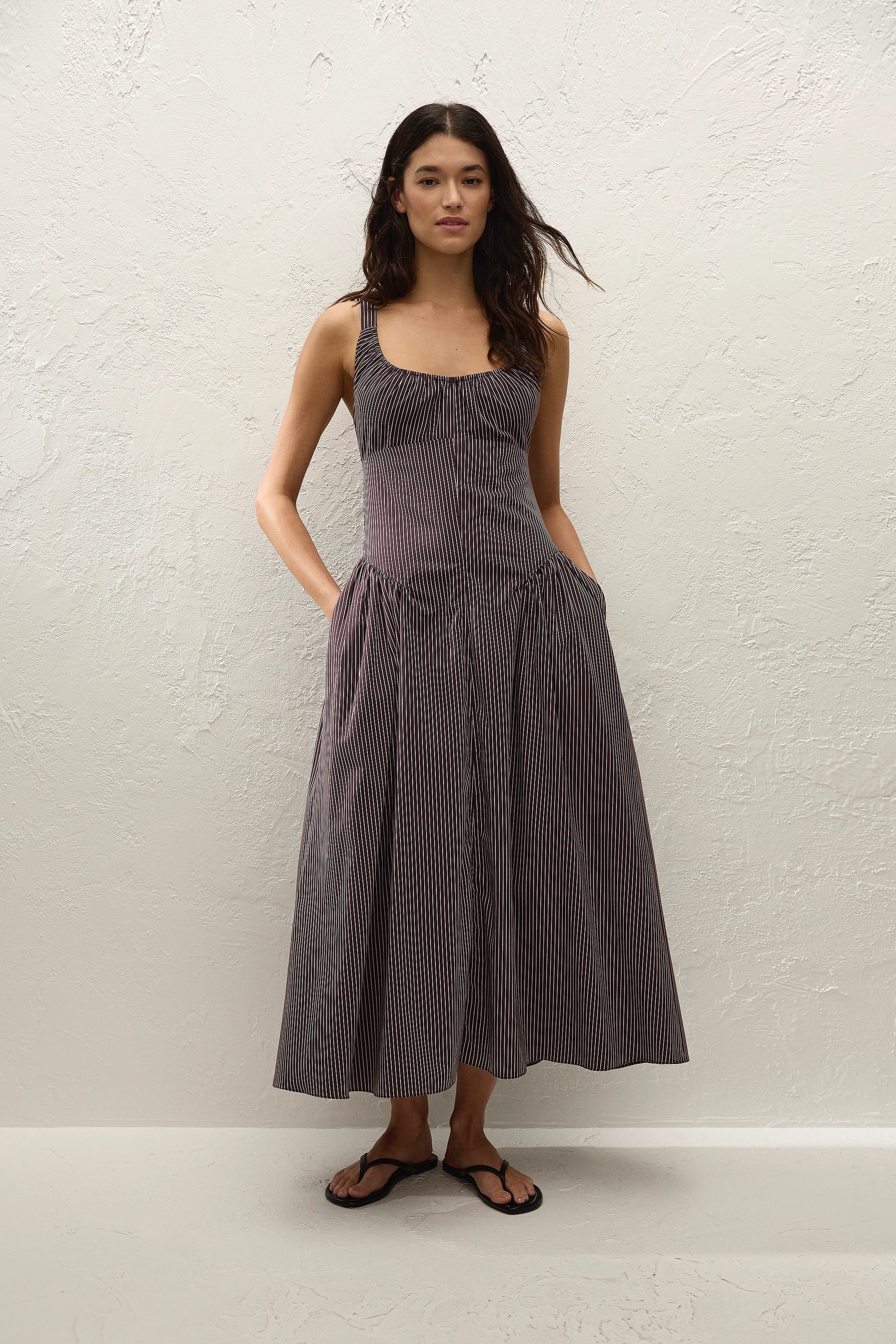 Faithfull - Olas Midi Dress Rocio Pinstripe Chocolate Plum