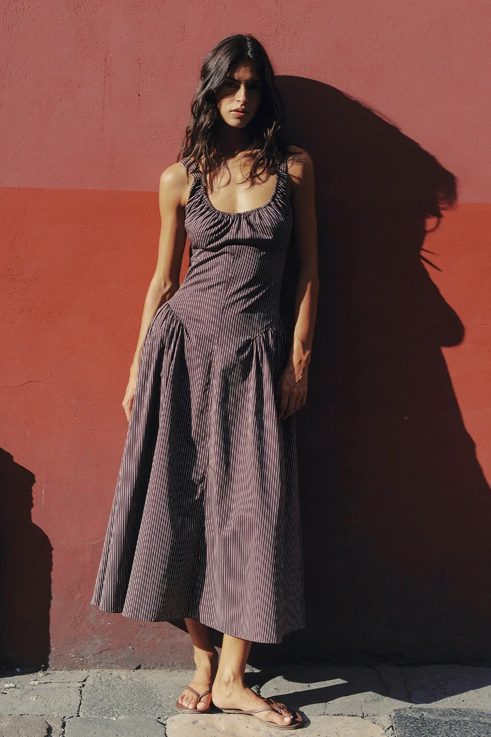 Faithfull - Olas Midi Dress Rocio Pinstripe Chocolate Plum - Image 2