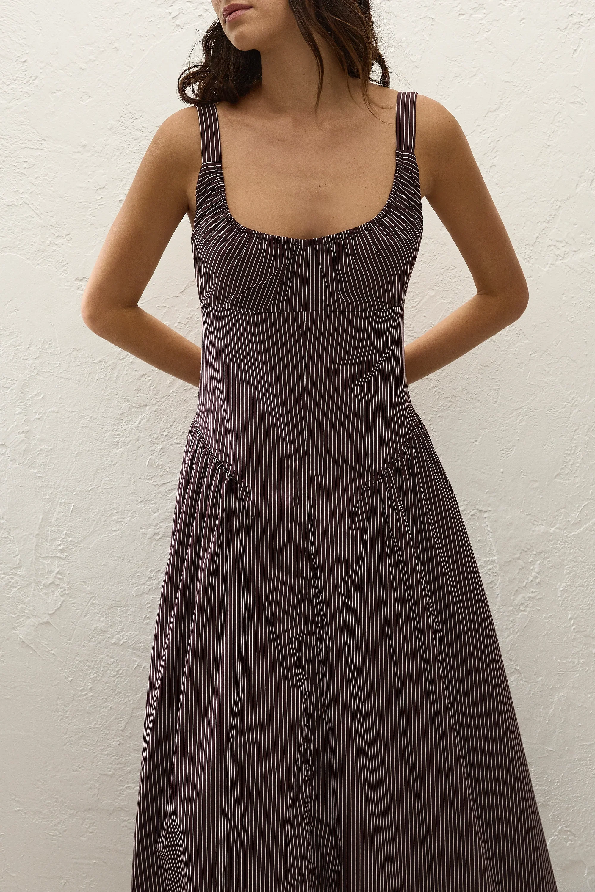Faithfull - Olas Midi Dress Rocio Pinstripe Chocolate Plum - Image 3
