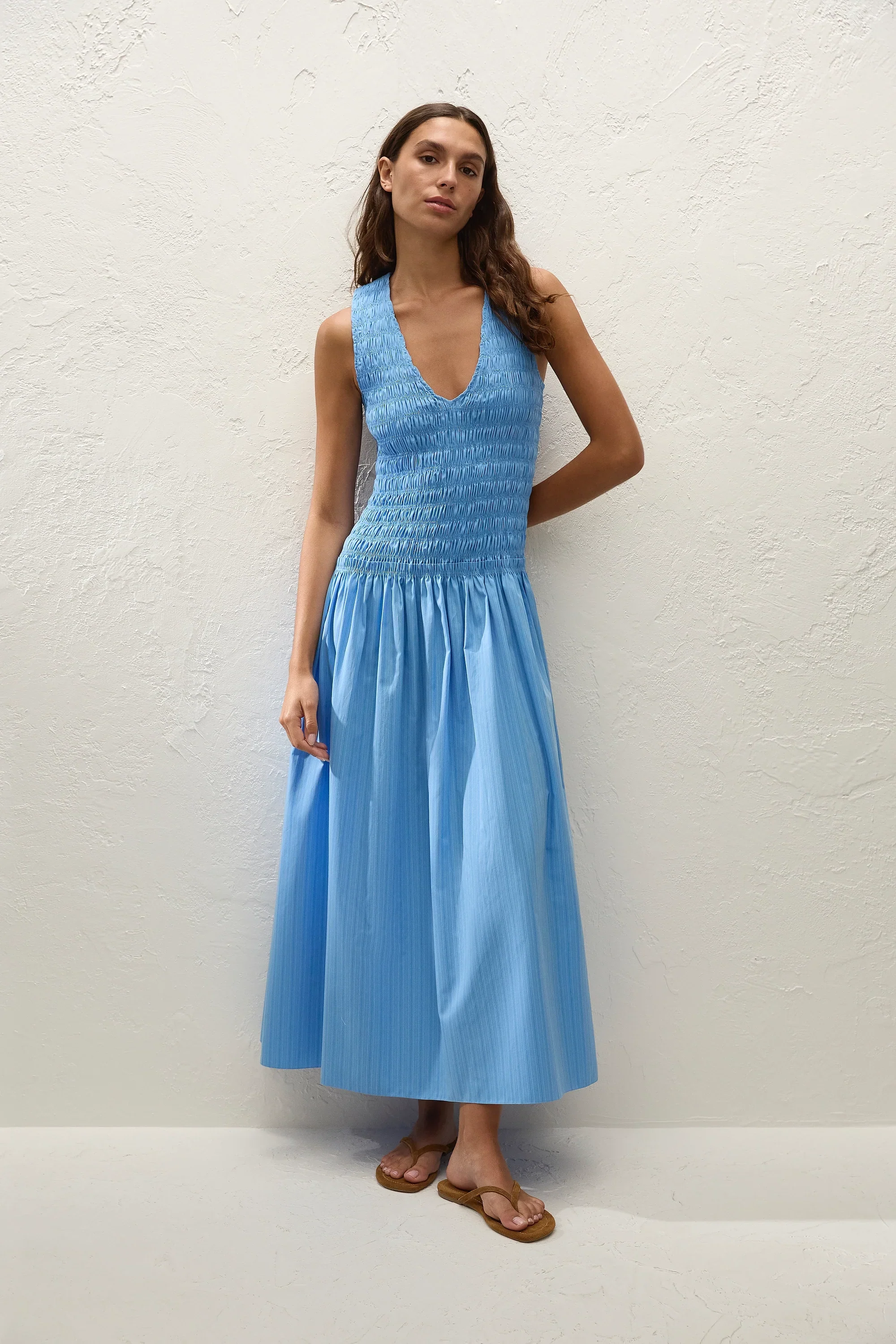 Faithfull - Palomar Midi Dress Mico Pinstripe Azul