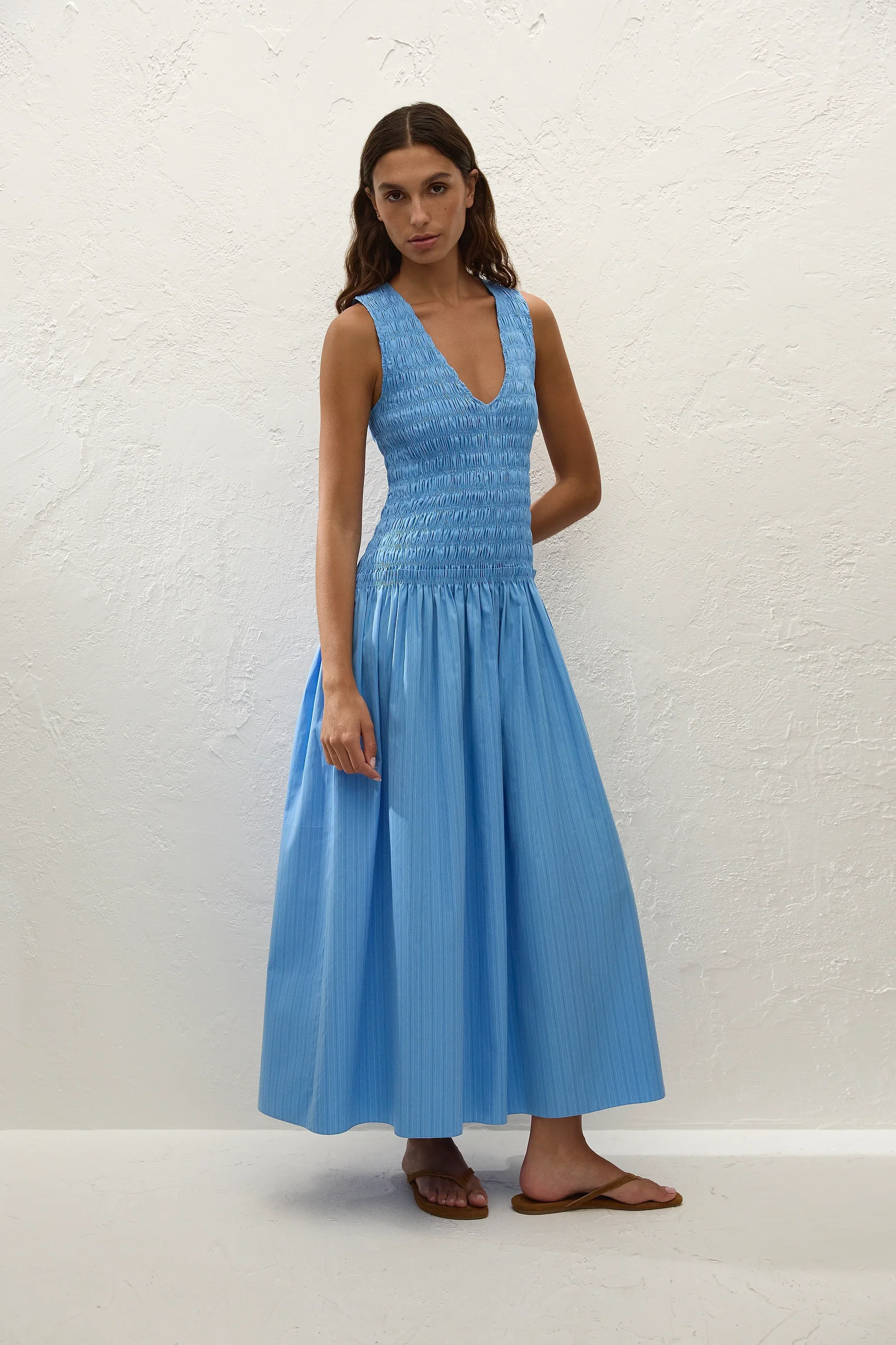 Faithfull - Palomar Midi Dress Mico Pinstripe Azul - Image 3