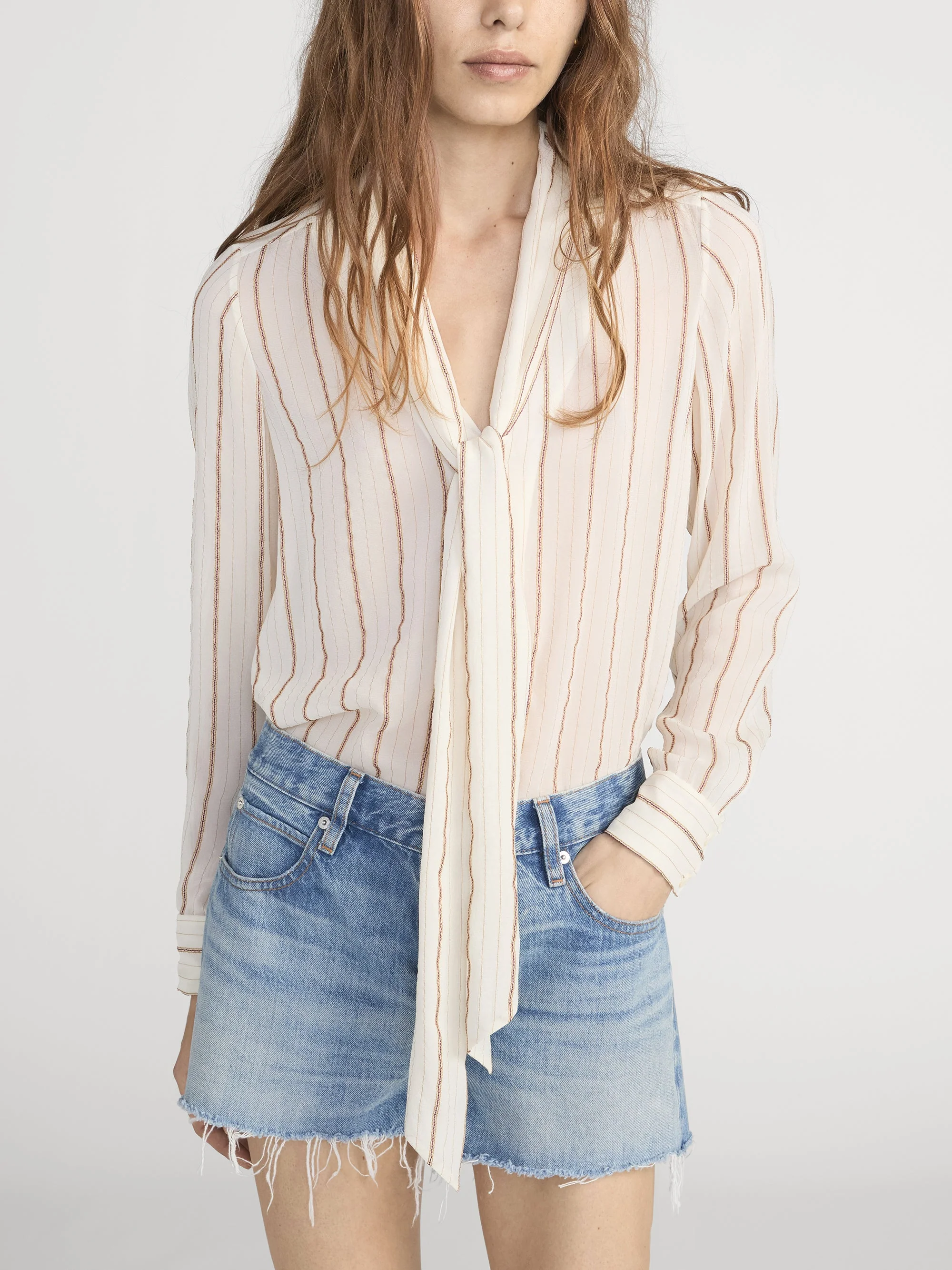 FRAME - The Striped Silk Tie Blouse - Image 3
