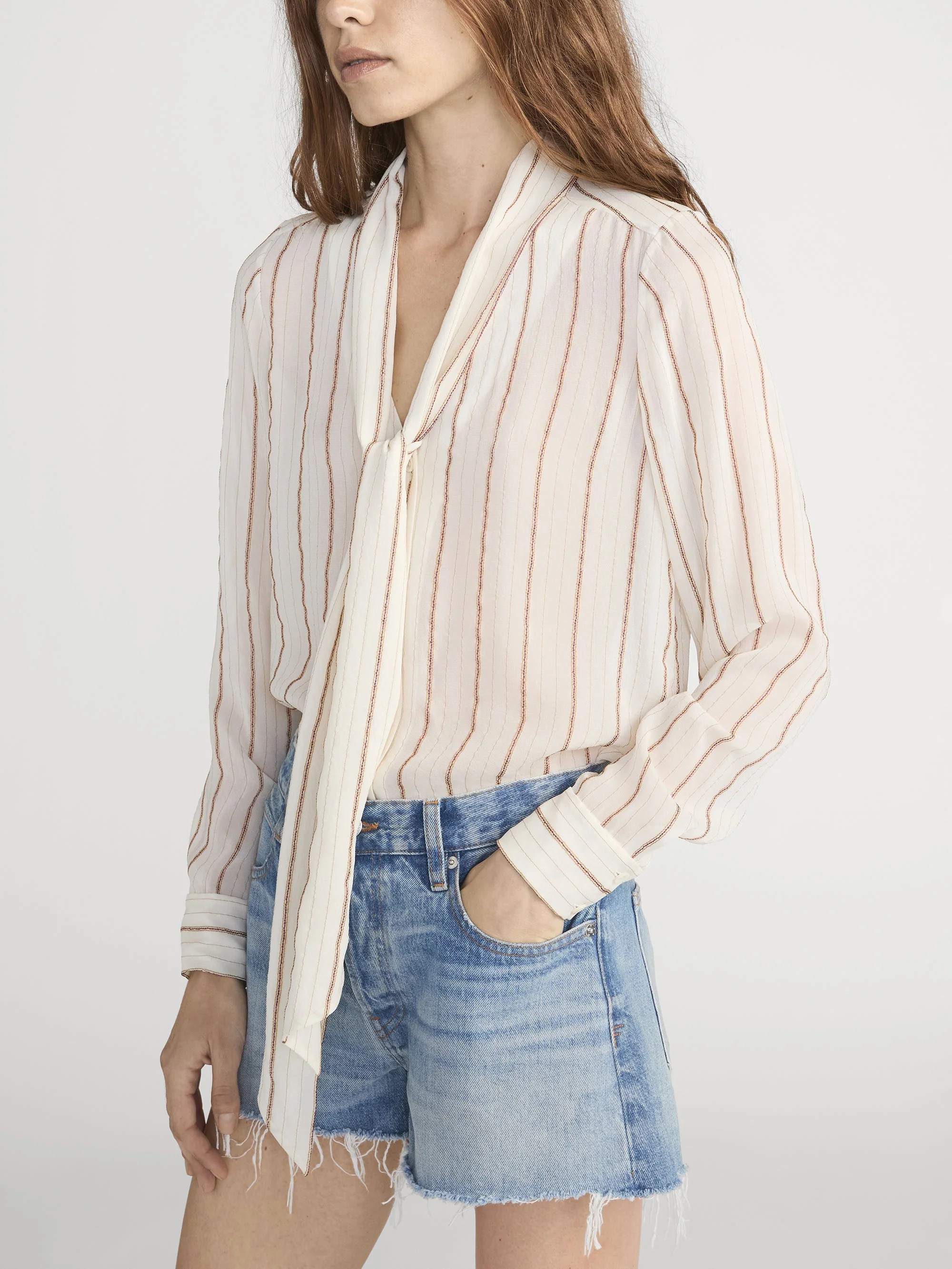 FRAME - The Striped Silk Tie Blouse - Image 4