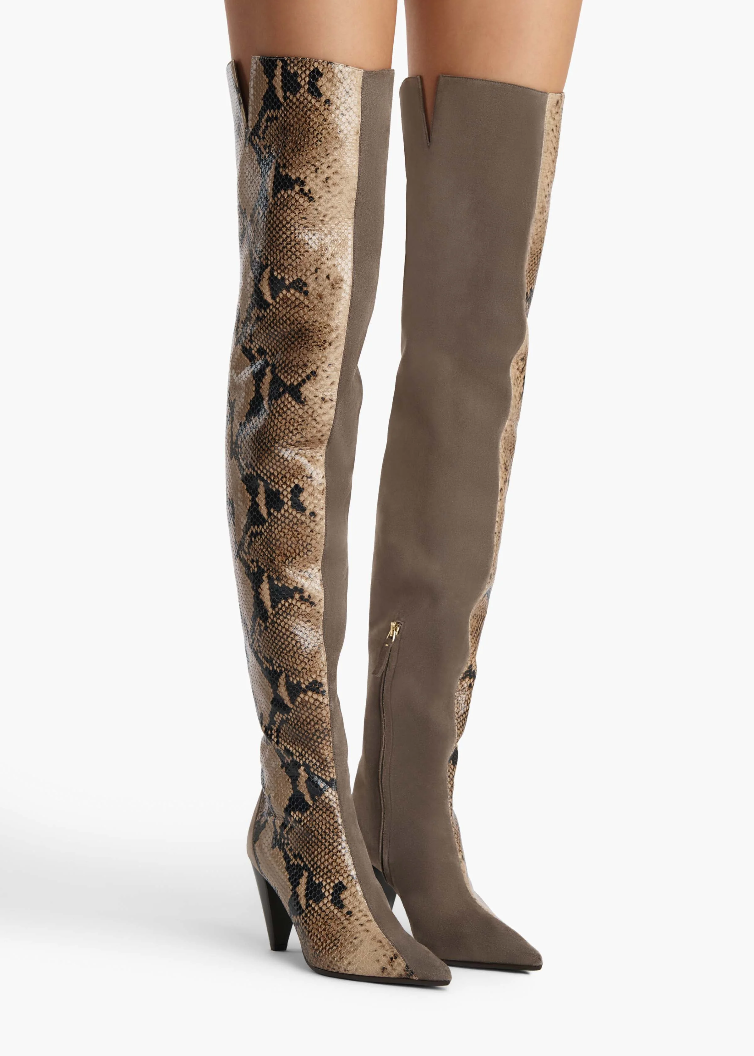 Khaite - Harvey Over - the - Knee High Boot in Morning Dove Suede and Taupe Python - Embossed Leather - Image 11