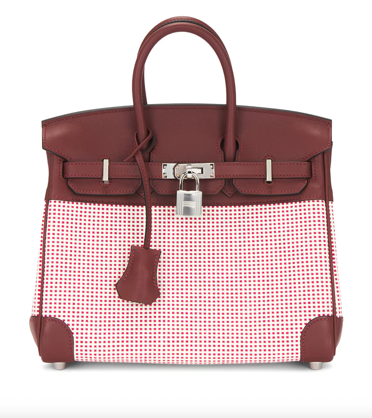 Hermes Swift & Toile Qaudrille Birkin 25 Handbag in Ecru Rouge