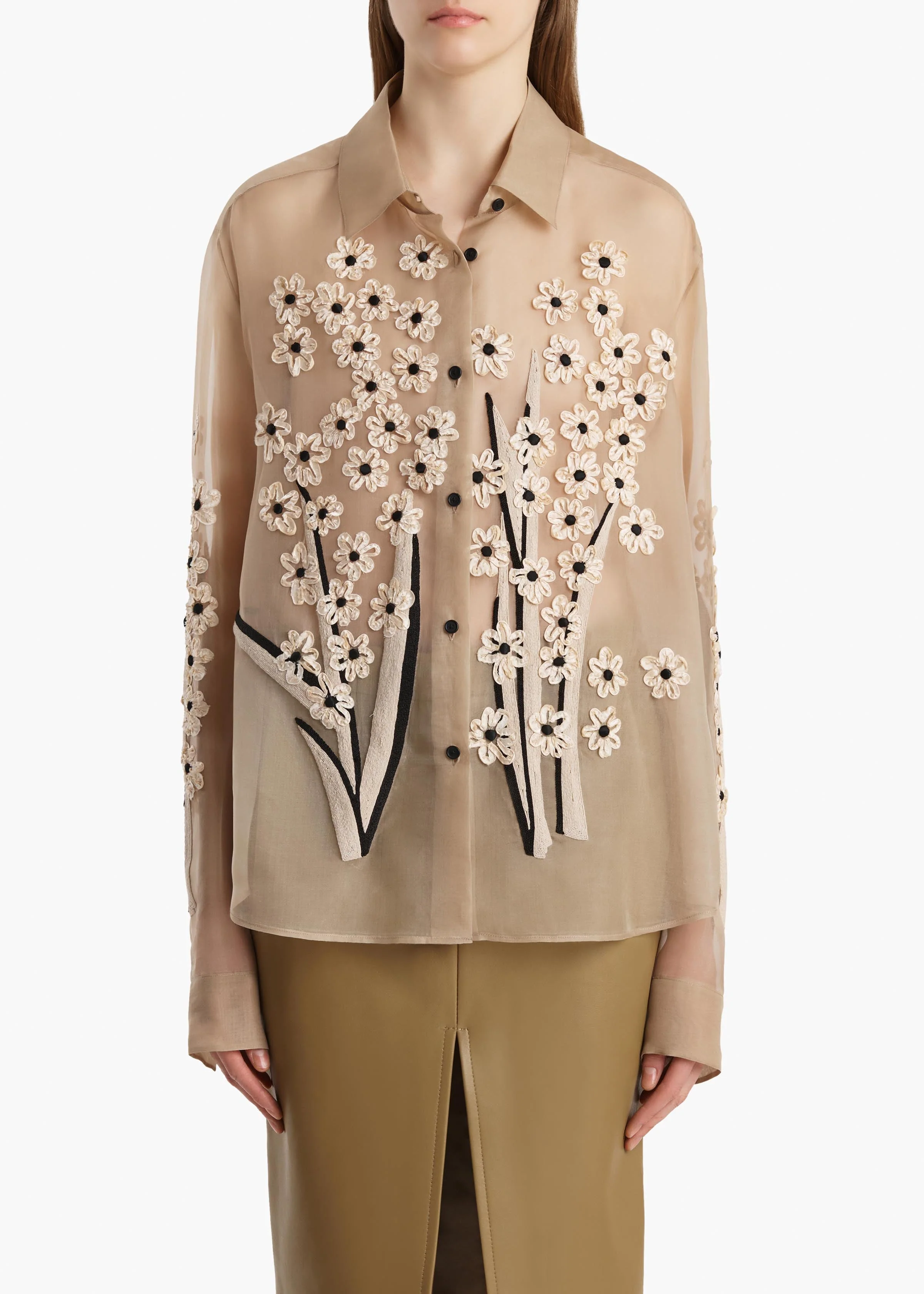 Khaite - Argo Top in Chalk Organza with Floral Bouquet Embroidery - Image 3