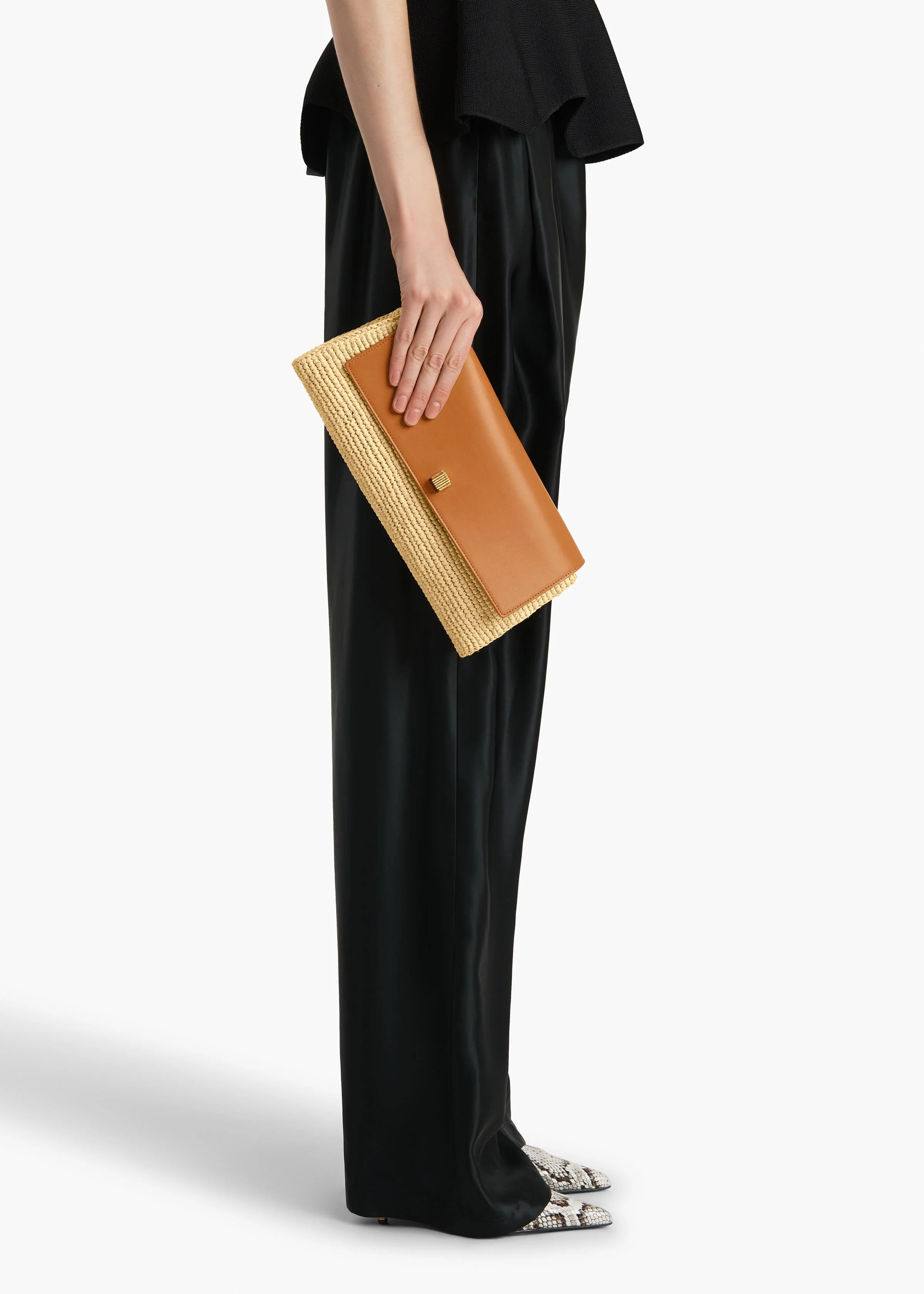 Khaite - Audrey Clutch in Tan Leather and Natural Raffia - Image 5