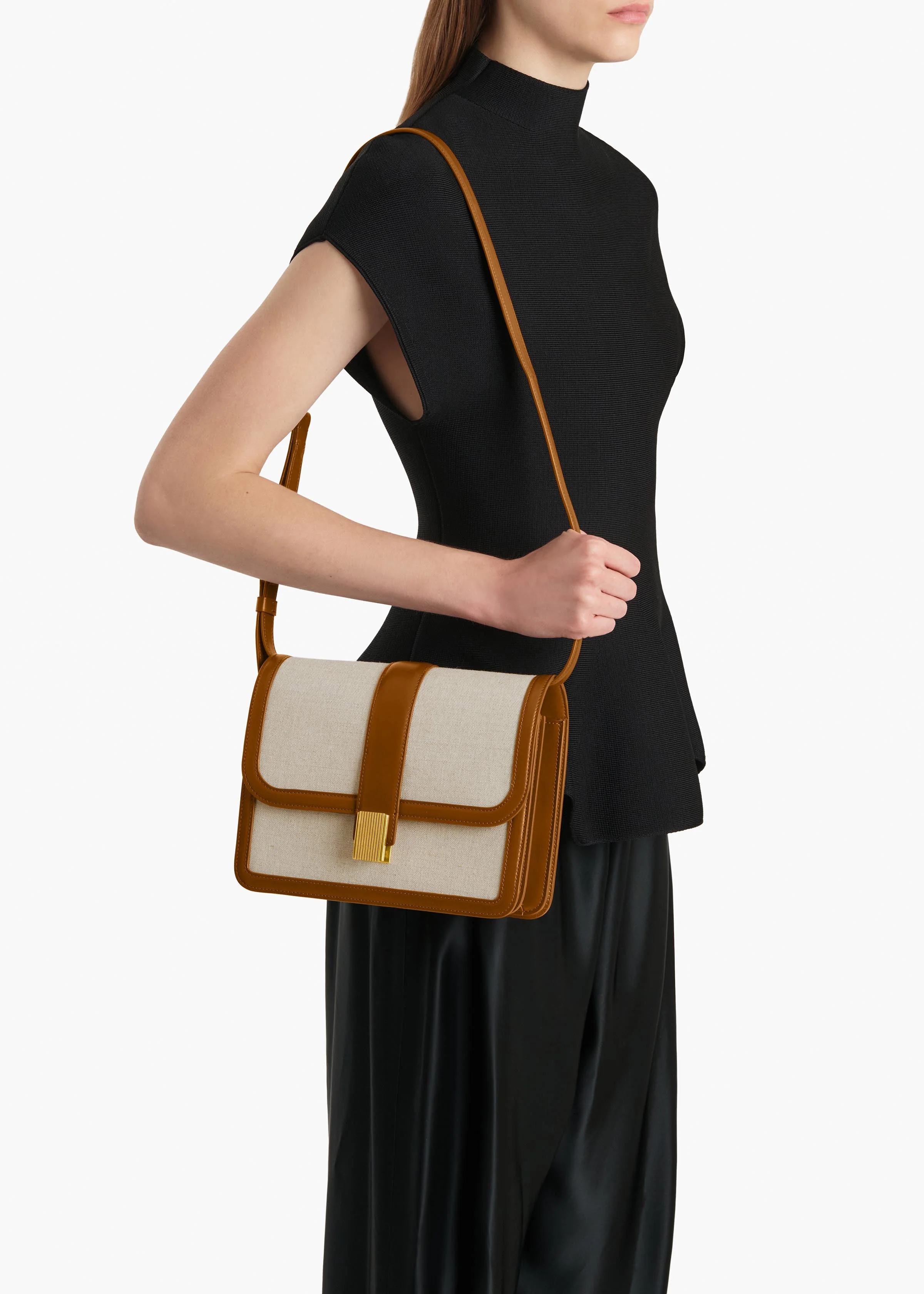 Khaite - Blake Crossbody Bag in Dark Honey Leather with Natural Canvas - Image 5