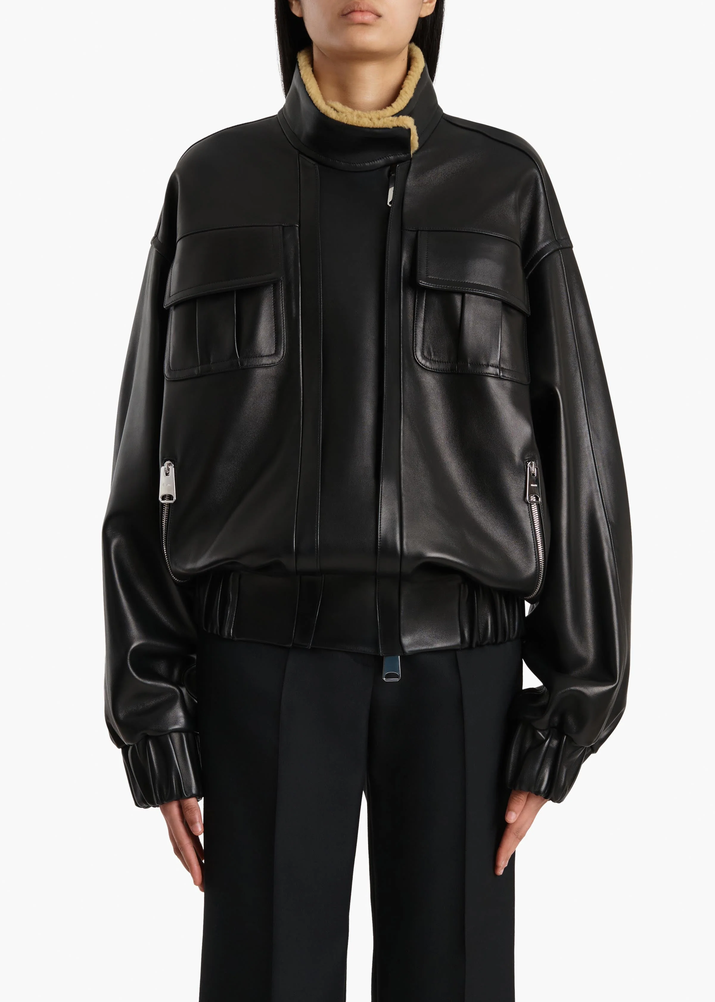 Khaite - Malone Jacket in Black Leather with Shearling Collar - Image 3