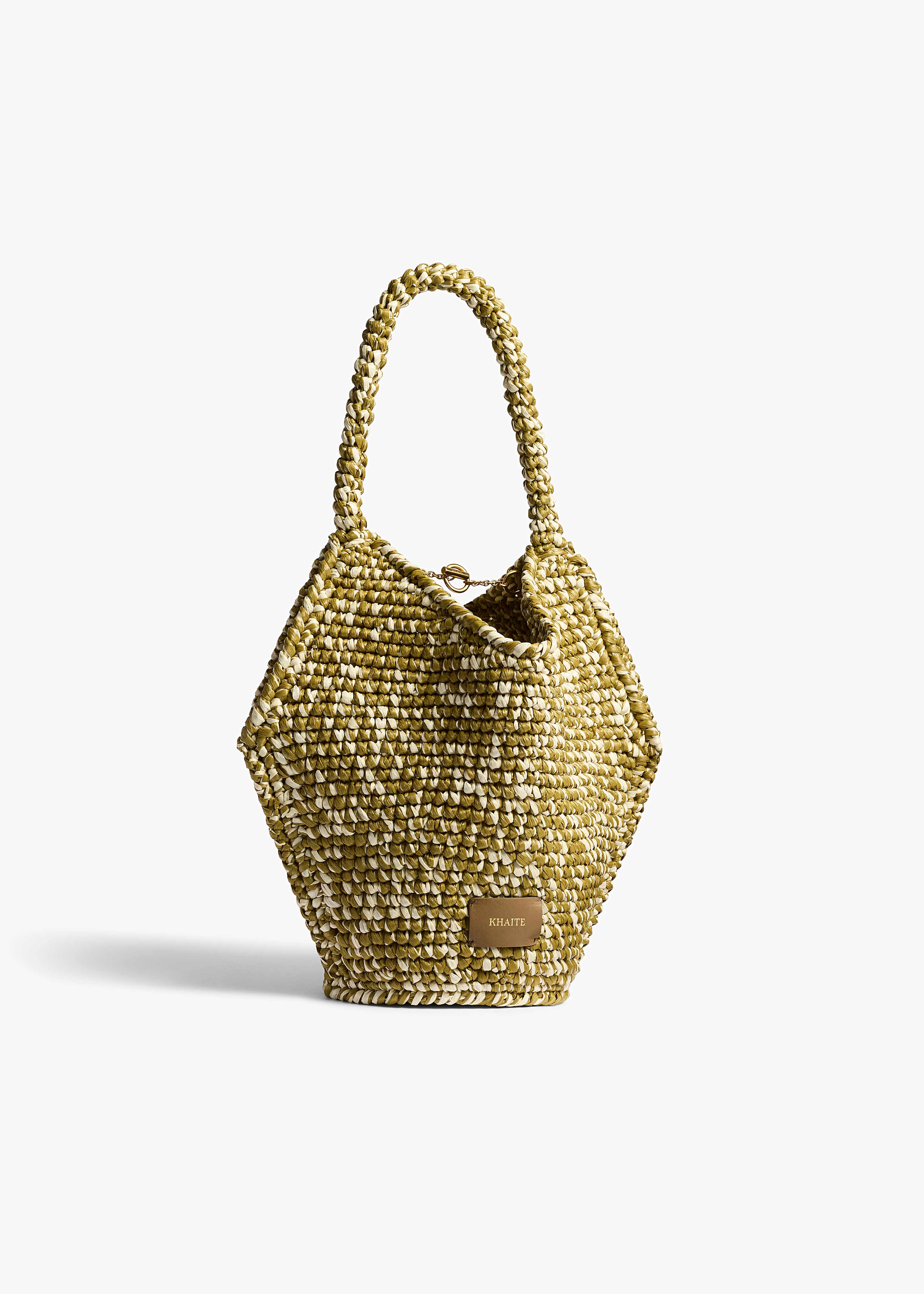 Khaite - Mini Lotus Tote in Olive and White Raffia