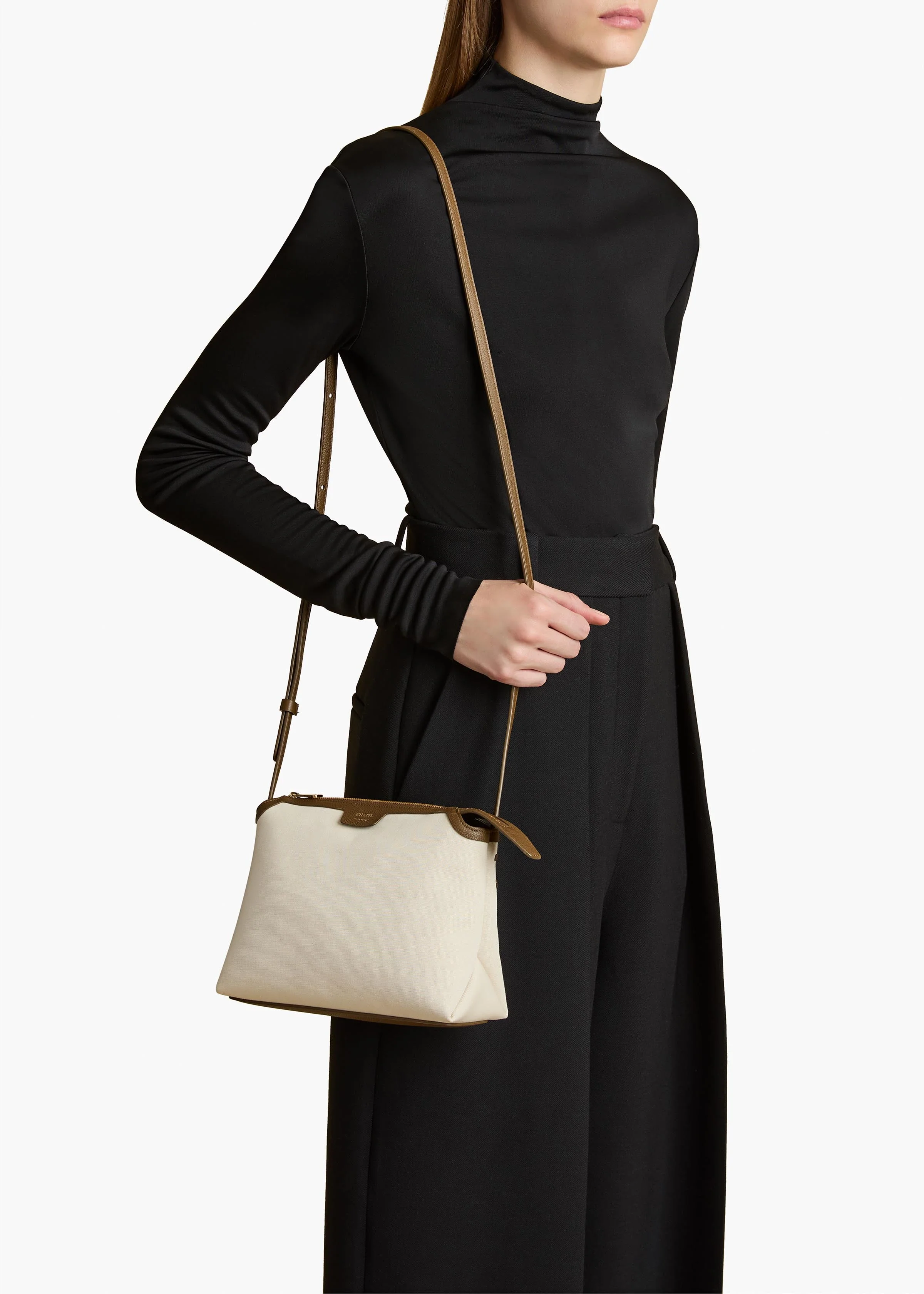 Khaite - Lina Crossbody Bag in Dark Olive Leather and Cream Canvas - Image 11