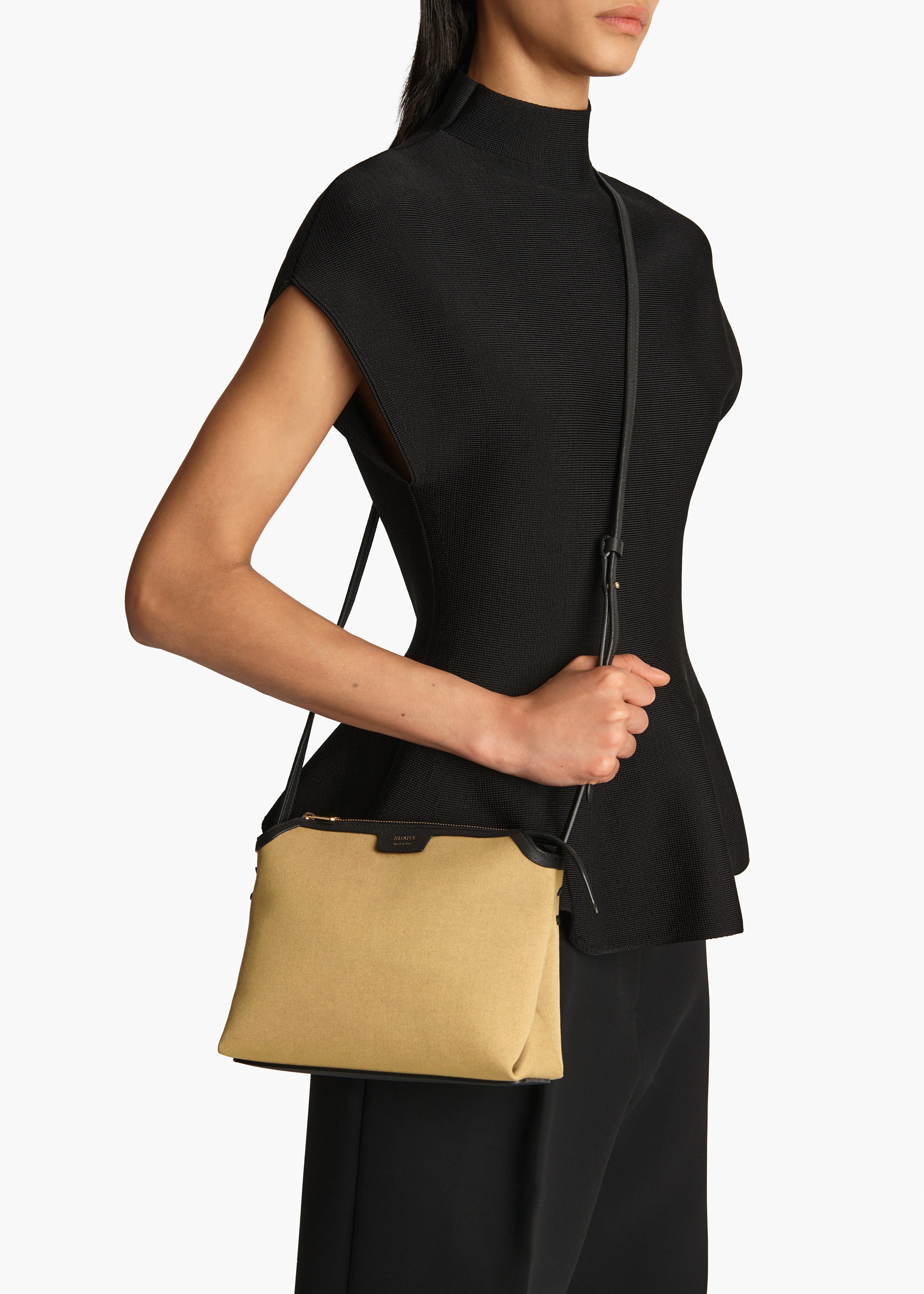 Khaite - Lina Crossbody Bag in Honey Canvas with Black Leather - Image 5