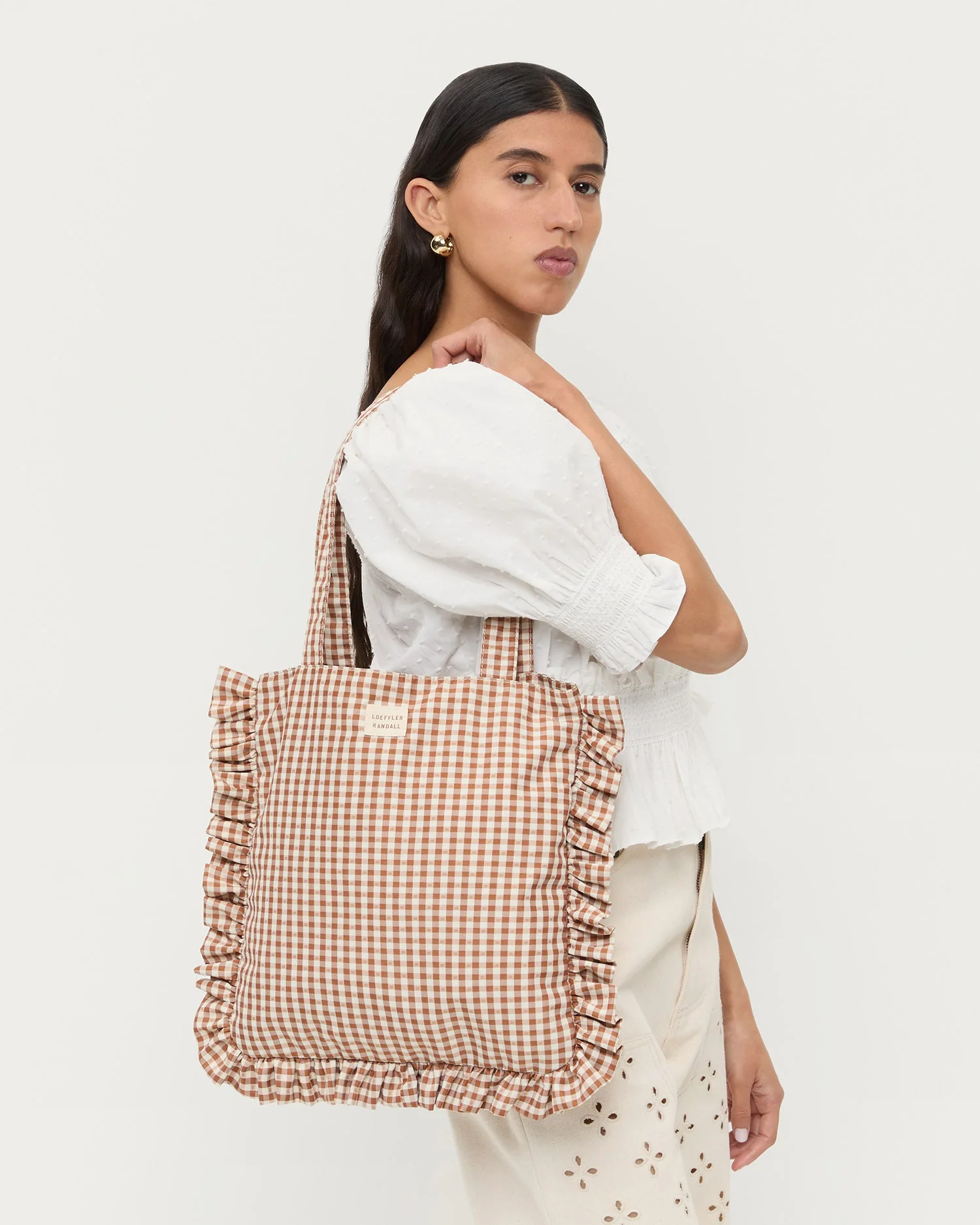 Loeffler Randall - Justine Brown/Cream Gingham Ruffle Tote - Image 5