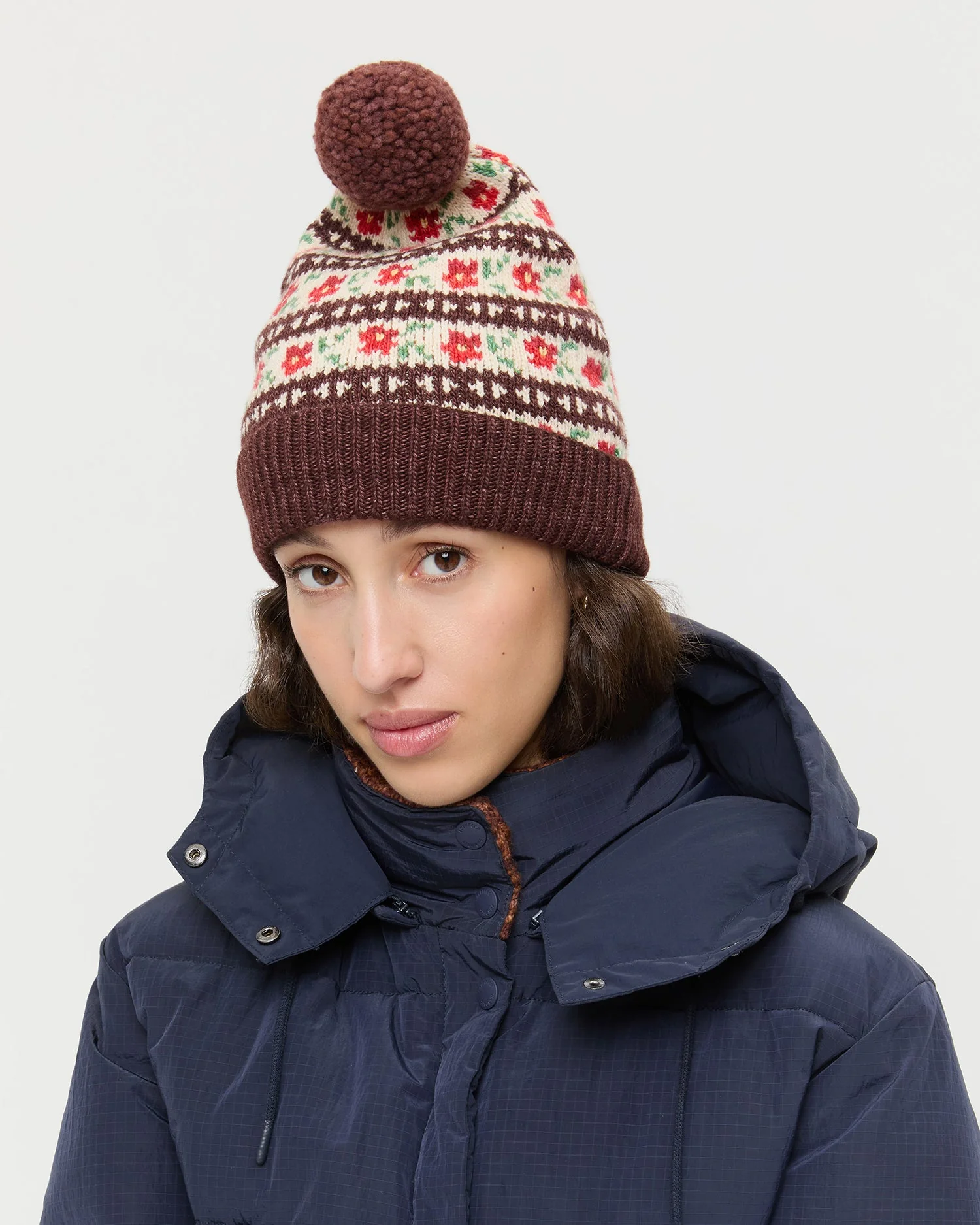 Loeffler Randall - Macelyn Brown Floral Intarsia Hat - Image 3