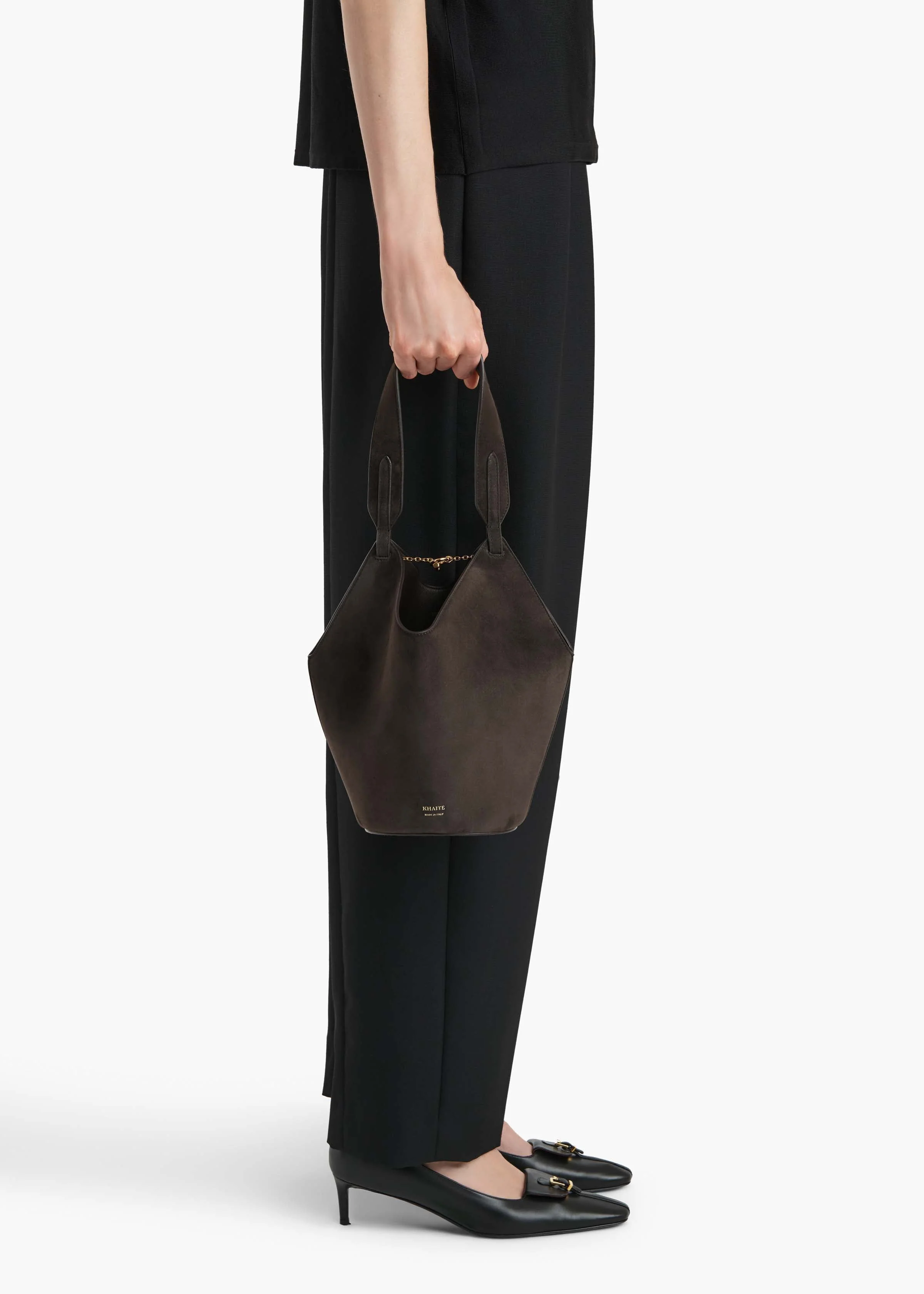 Khaite - Mini Lotus Tote in Dark Brown Suede - Image 5