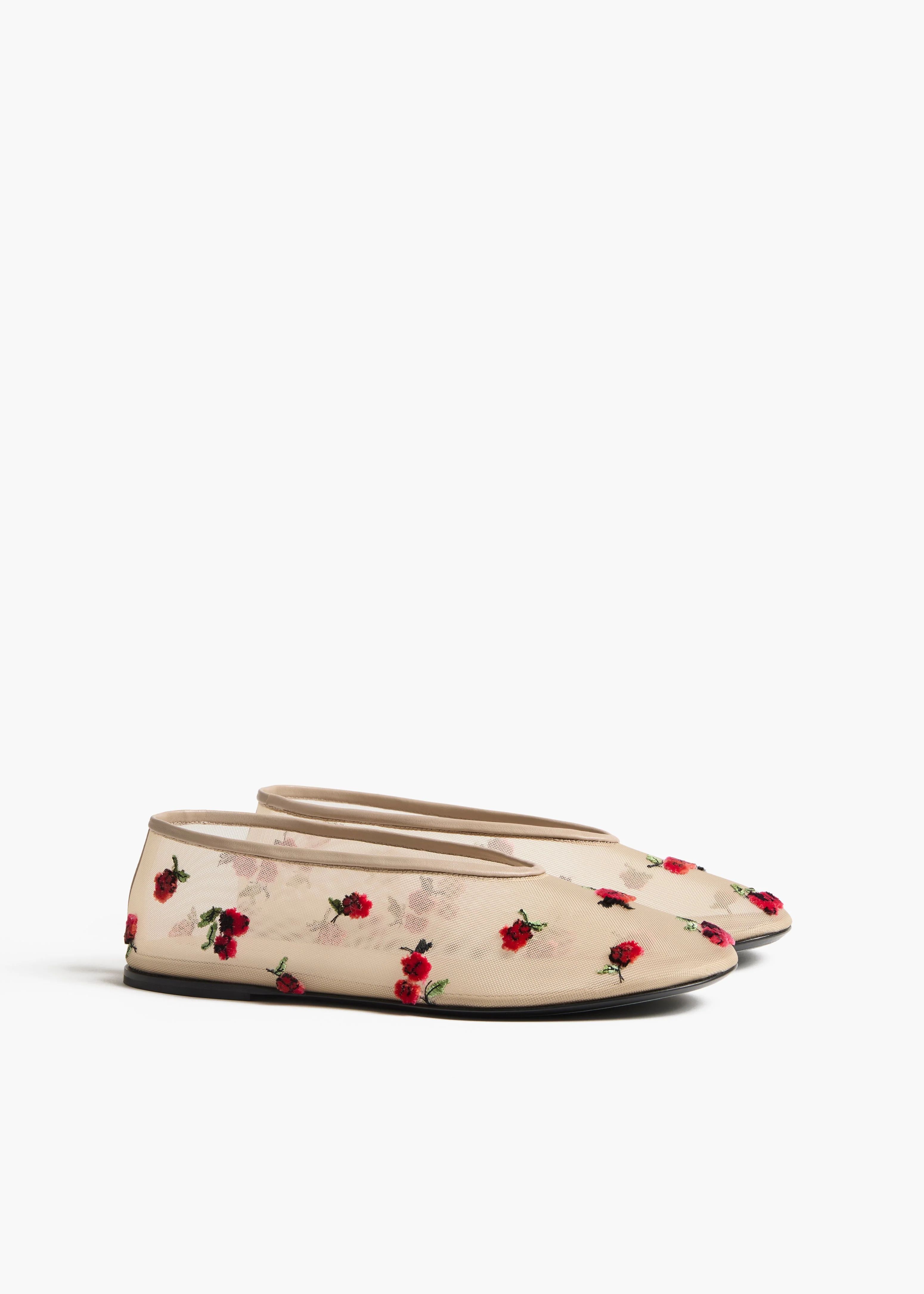 Khaite - Marcy Flat in Beige Mesh with Raspberry Embroidery - Image 2
