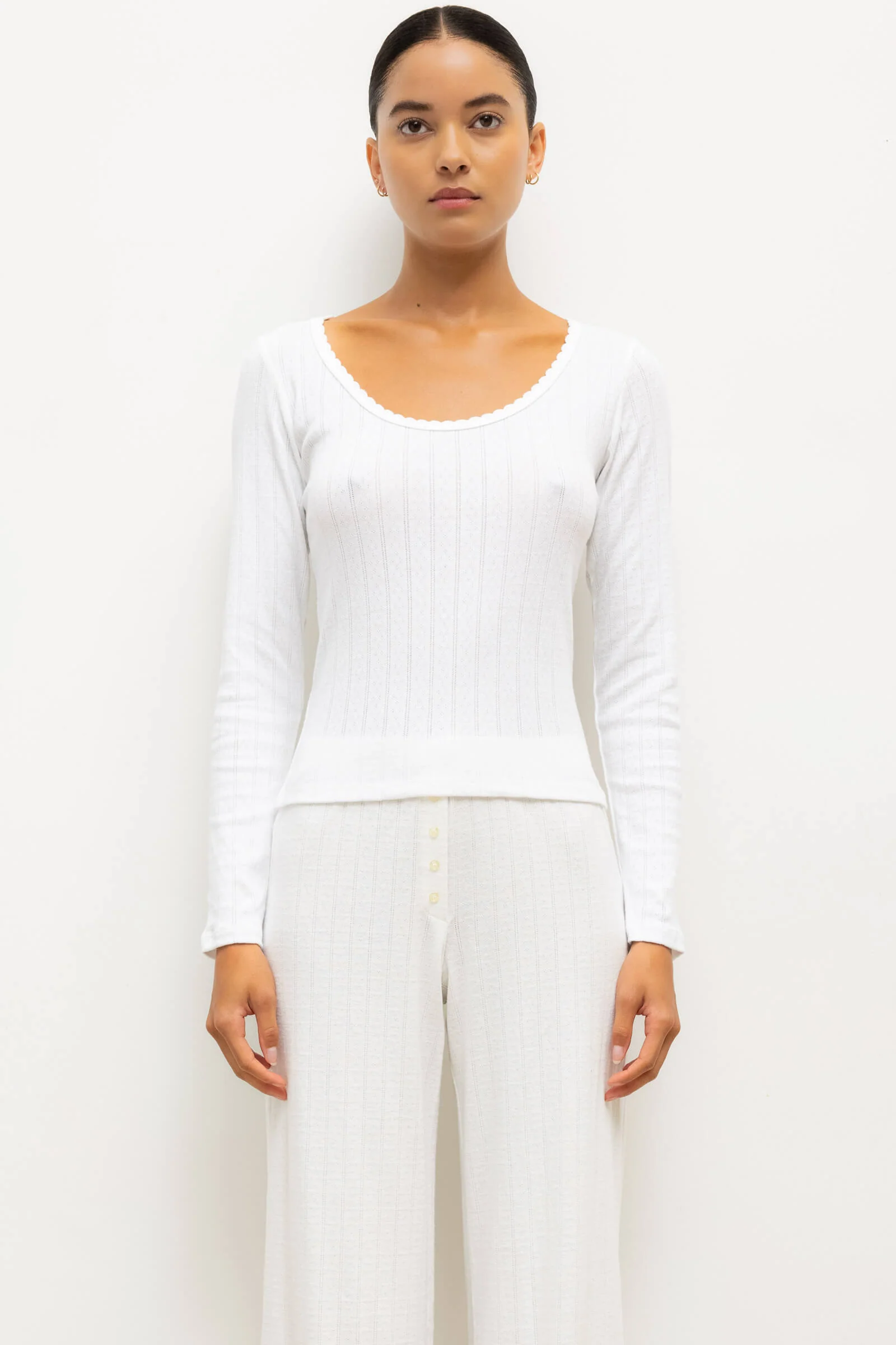 Leset - Pointelle Long Sleeve Scoop Neck