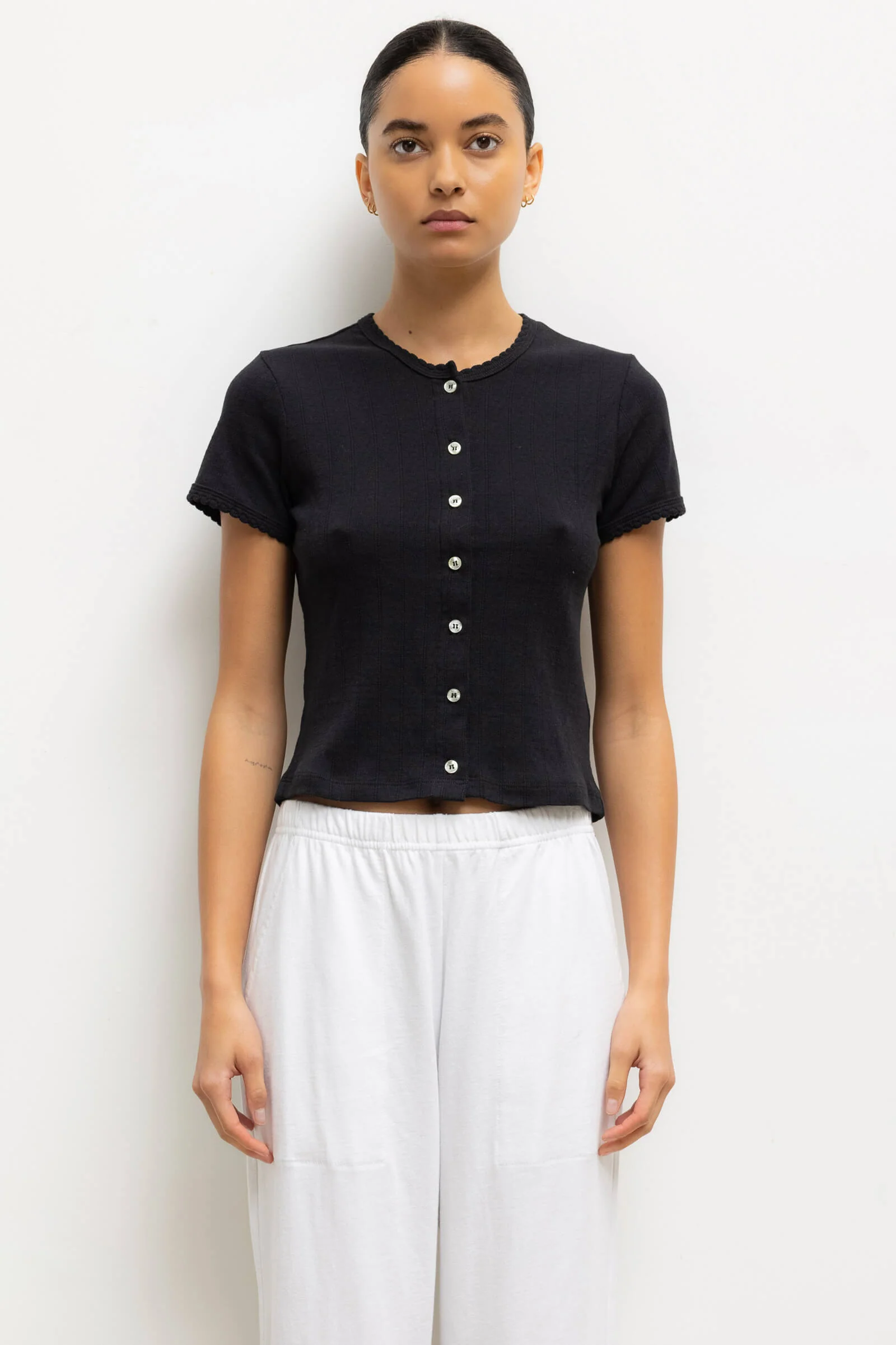 Leset - Pointelle Short Sleeve Cardigan