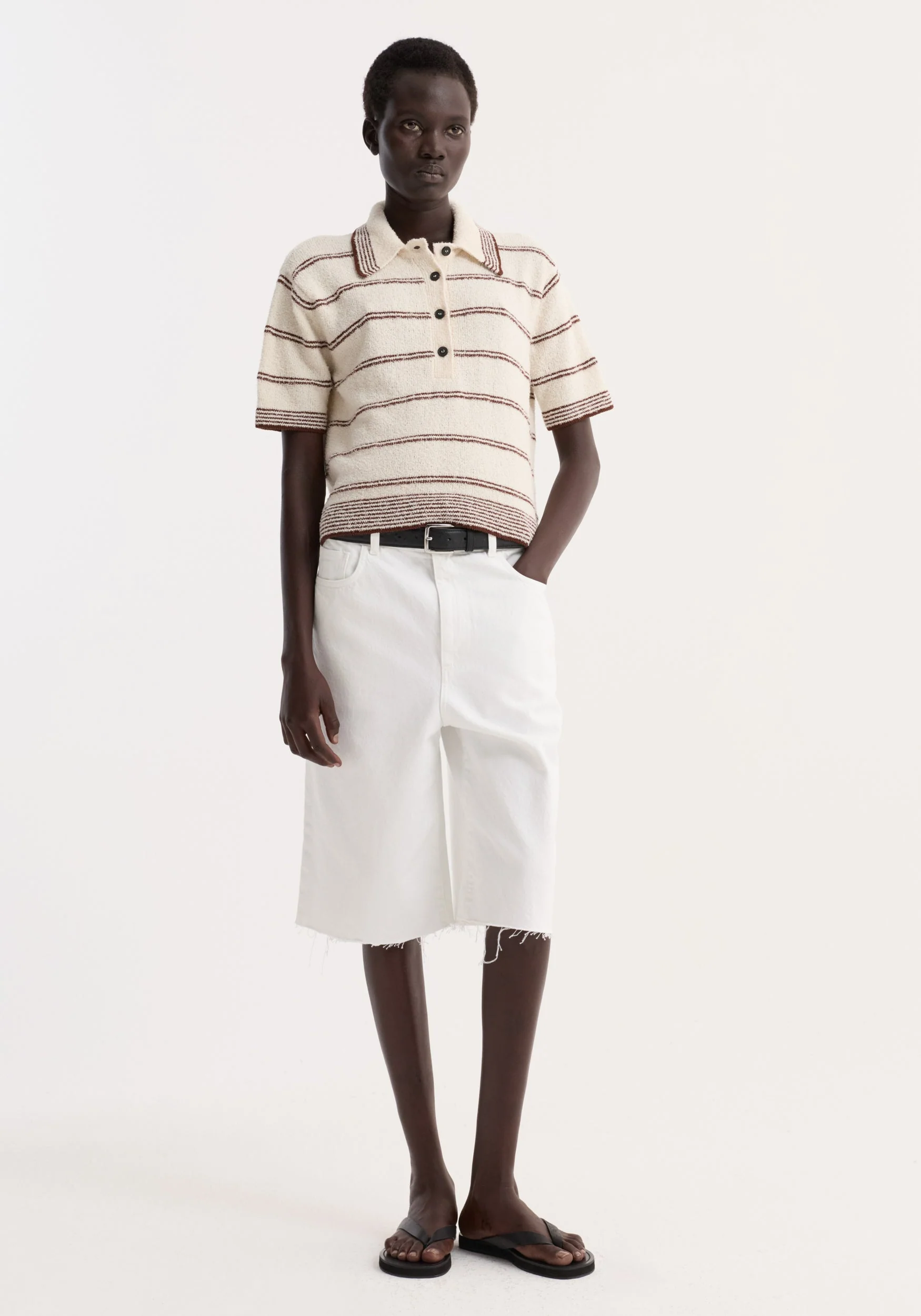 ROHE - Towelling striped polo | cream / brown stripe
