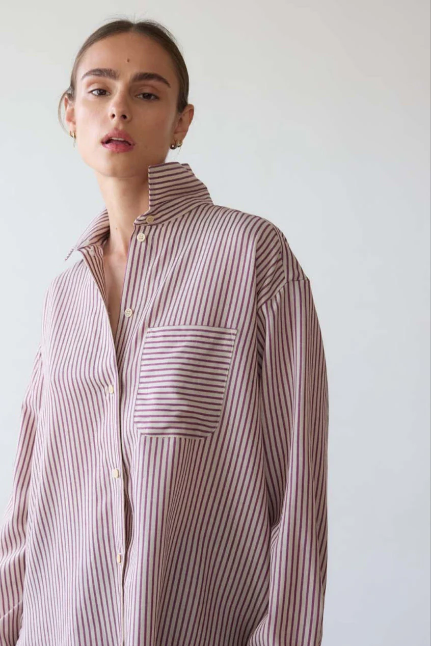 Jamie Haller - The Stripe Essential Shirt in Burgundy Natural - Image 2
