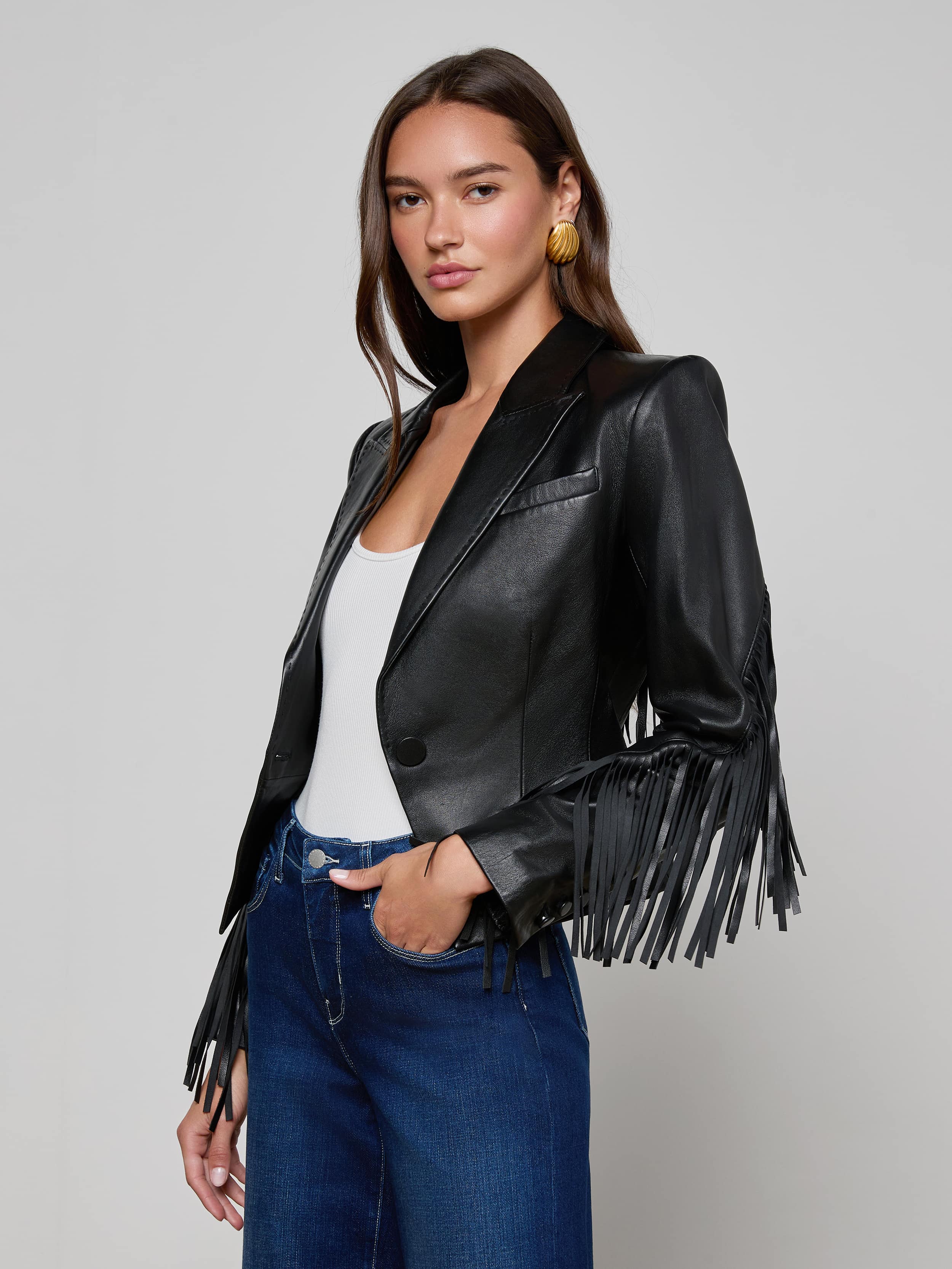 L'AGENCE - Vashti Fringed Leather Blazer - Image 2