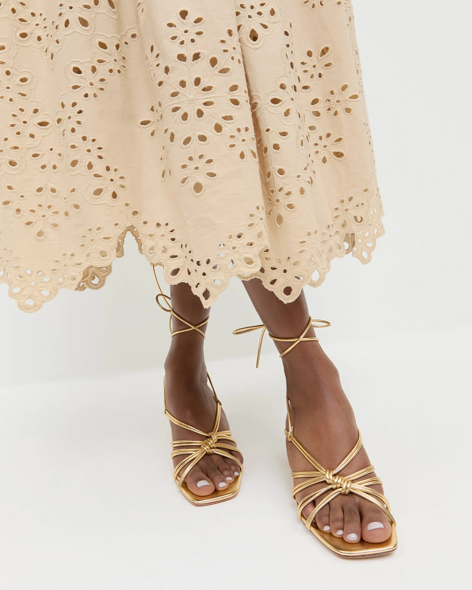 Loeffler Randall - Vivienne Gold Lace - Up Heeled Sandal - Image 2